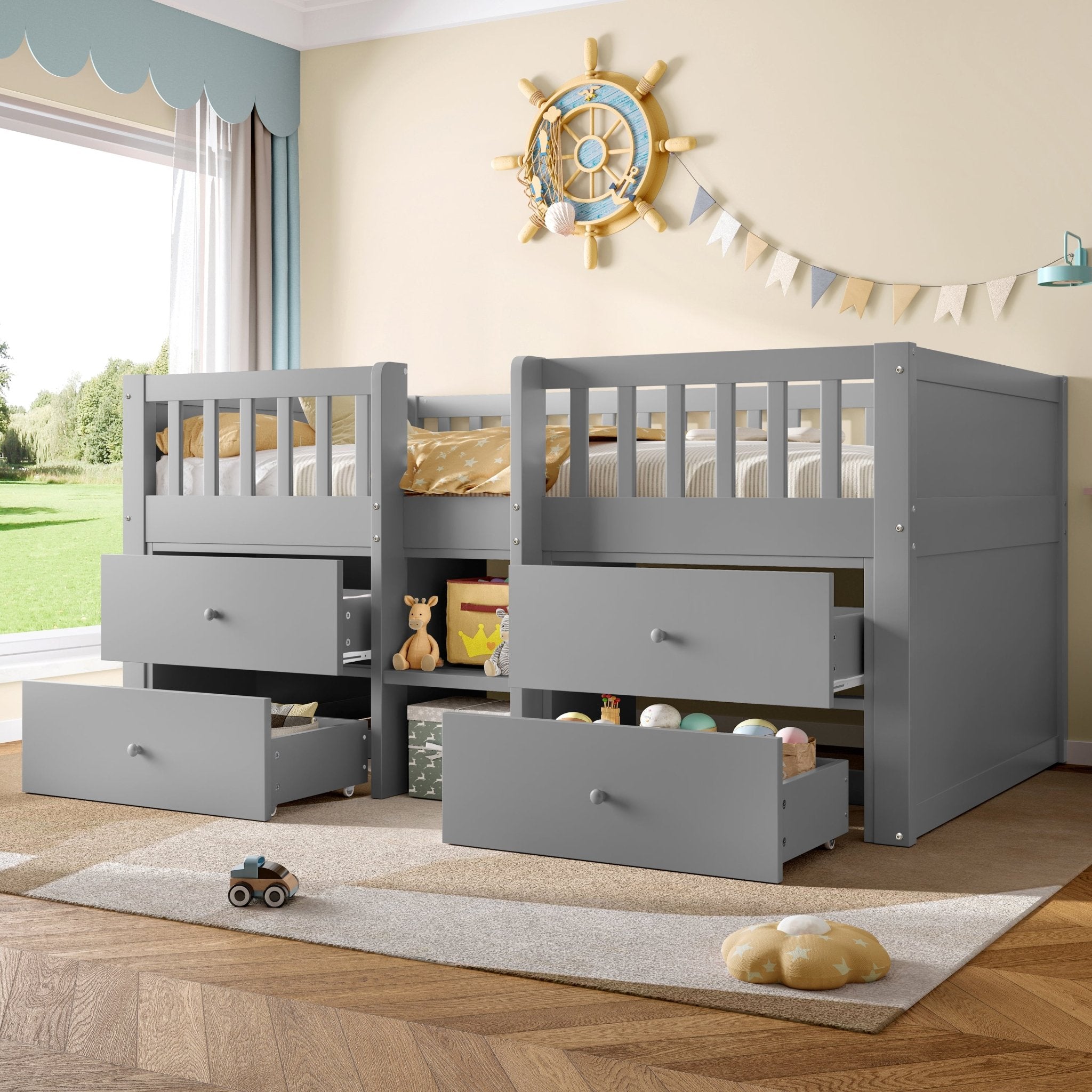 Laag Halfhoogslaper met Opbergruimte, Massief Houten Bedframe met 4 Lades en Veiligheidsreling, 90x190cm, Grijs, Zonder Matras - Noventis Home