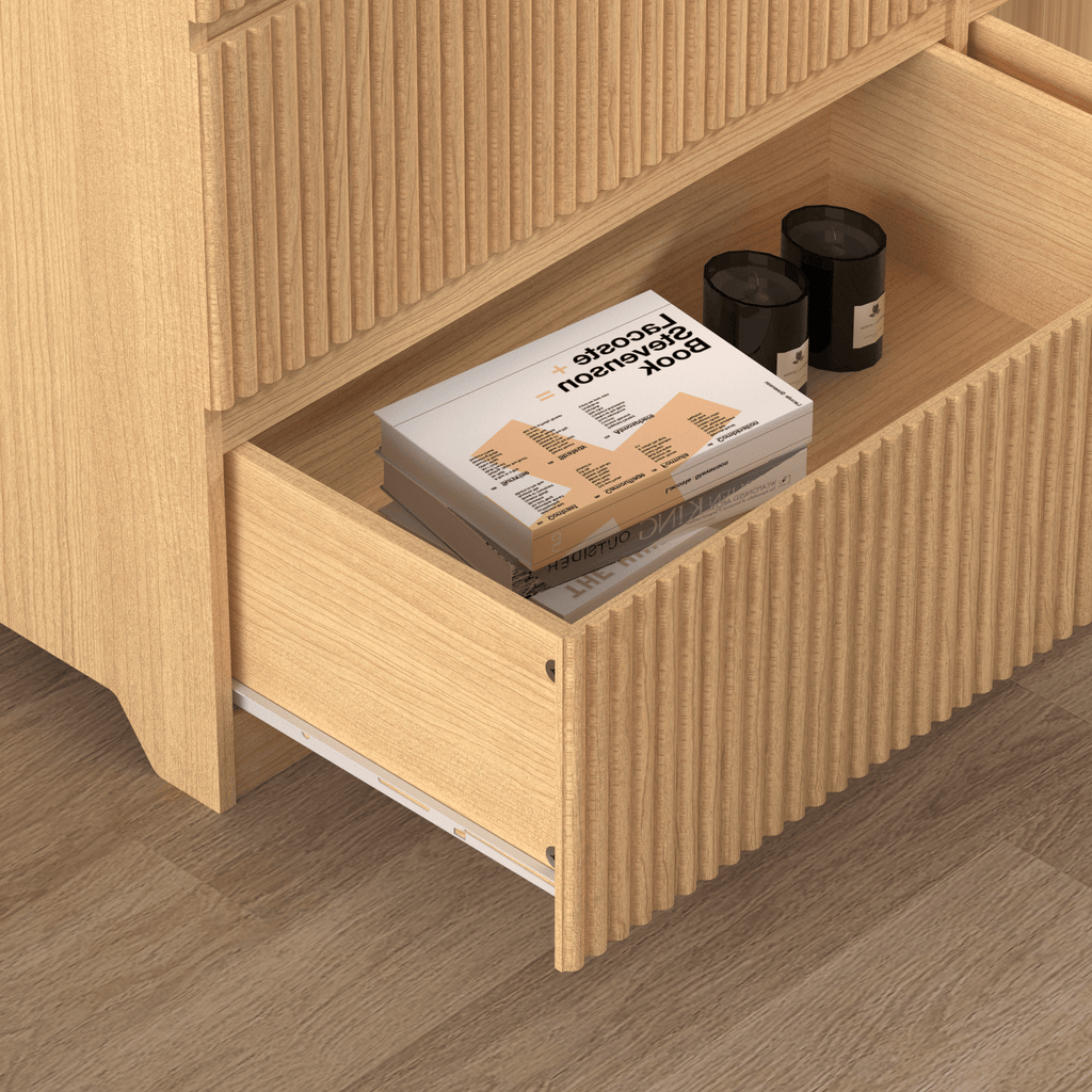 Modern Natural Wood 6 Drawer Dresser, Wave Panel Drawer Fronts, Storage Cabinet, Versatile Chest Of Drawers For Bedroom, Living Room - Sleek & Spacious Home Storage Solution - Noventis Home