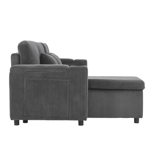 3 In 1 Convertible Corduroy Sofa Bed With Storage Chaise, L Shaped Sleeper Sofa Couches With Armrest Storage And Charging Station. Pullout Sectional Daybed For Living RoomBedroomOffice, Grey - Noventis Home