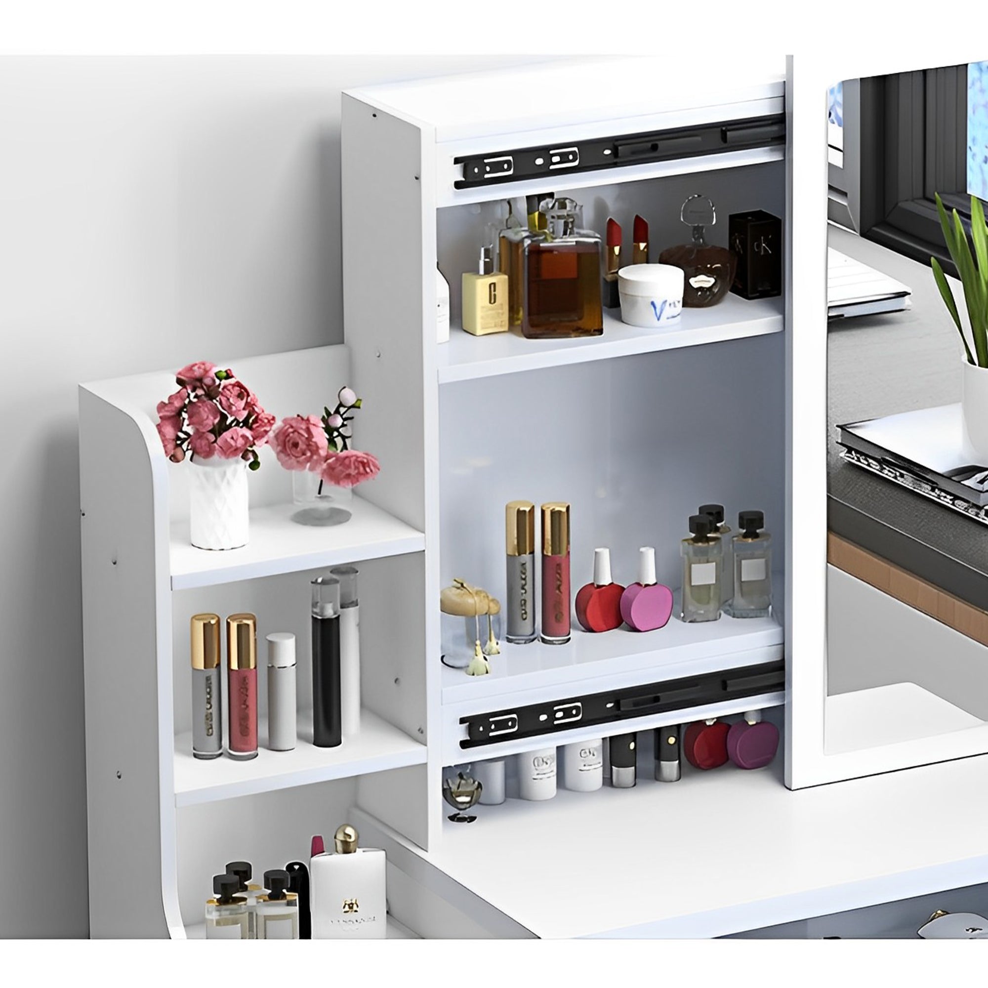 Kaptafel met Spiegel en Verlichting voor Make - up, 4 Lades, 3 Kleurmodi Instelbare Helderheid, Wit - Noventis Home