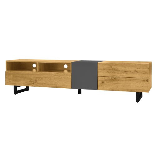 Colorblock TV - meubel, Contrasterend Kleurdesign, 3 Deuren en 2 Vakken, U - vormige Metalen Poten, Retro Houtnerf, 170 cm - Noventis Home