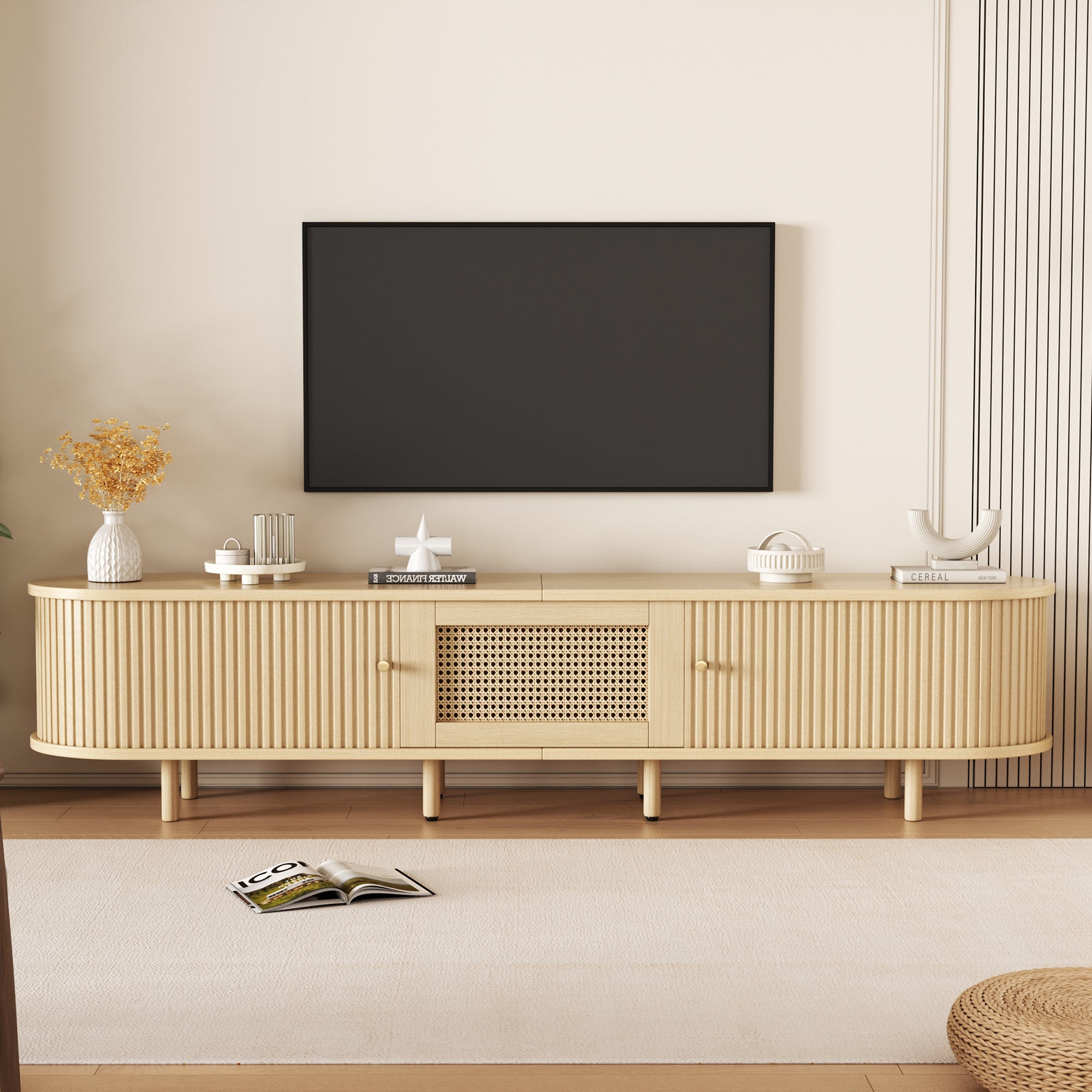 TV-meubel met 1 Rotan Lade en 2 Schuifdeuren, Ovaal TV-kast met Afgeronde Hoeken, 180x40x40 cm, Licht Hout, MDF, Geschikt voor 70 inch TV