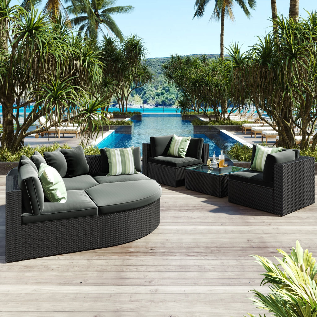 7 - delige Buiten Rattan Loungeset, Rotan Loungebank met Gestreepte Groene Kussens, Gesprekssbank voor Terras, Tuin en Dek, Zwart Vlechtwerk, Grijs Kussen - Noventis Home