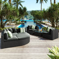 7 - delige Buiten Rattan Loungeset, Rotan Loungebank met Gestreepte Groene Kussens, Gesprekssbank voor Terras, Tuin en Dek, Zwart Vlechtwerk, Grijs Kussen - Noventis Home