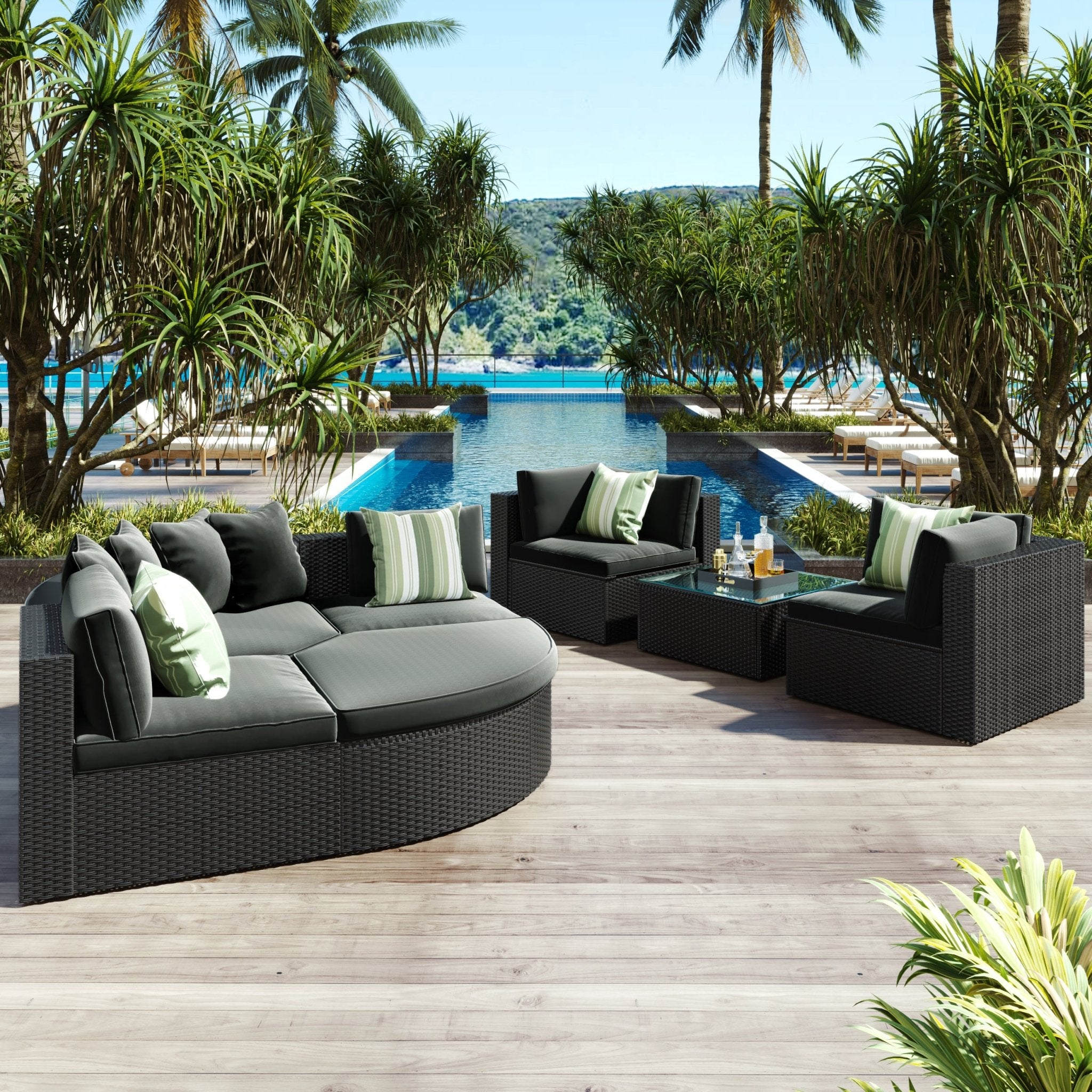 7 - delige Buiten Rattan Loungeset, Rotan Loungebank met Gestreepte Groene Kussens, Gesprekssbank voor Terras, Tuin en Dek, Zwart Vlechtwerk, Grijs Kussen - Noventis Home