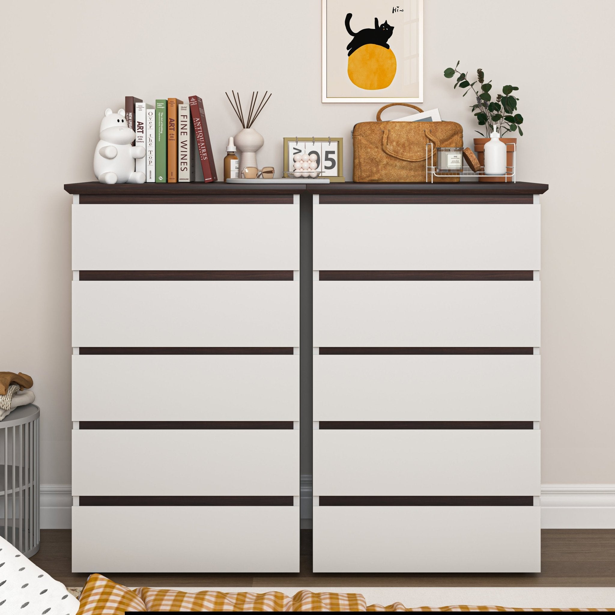 5 Drawer Dresser For Bedroom, Modern Closet Dressers Chest Of Drawers, White & Walnut Color Storage Dresser Chest Cabinet Organizer Unit - Noventis Home