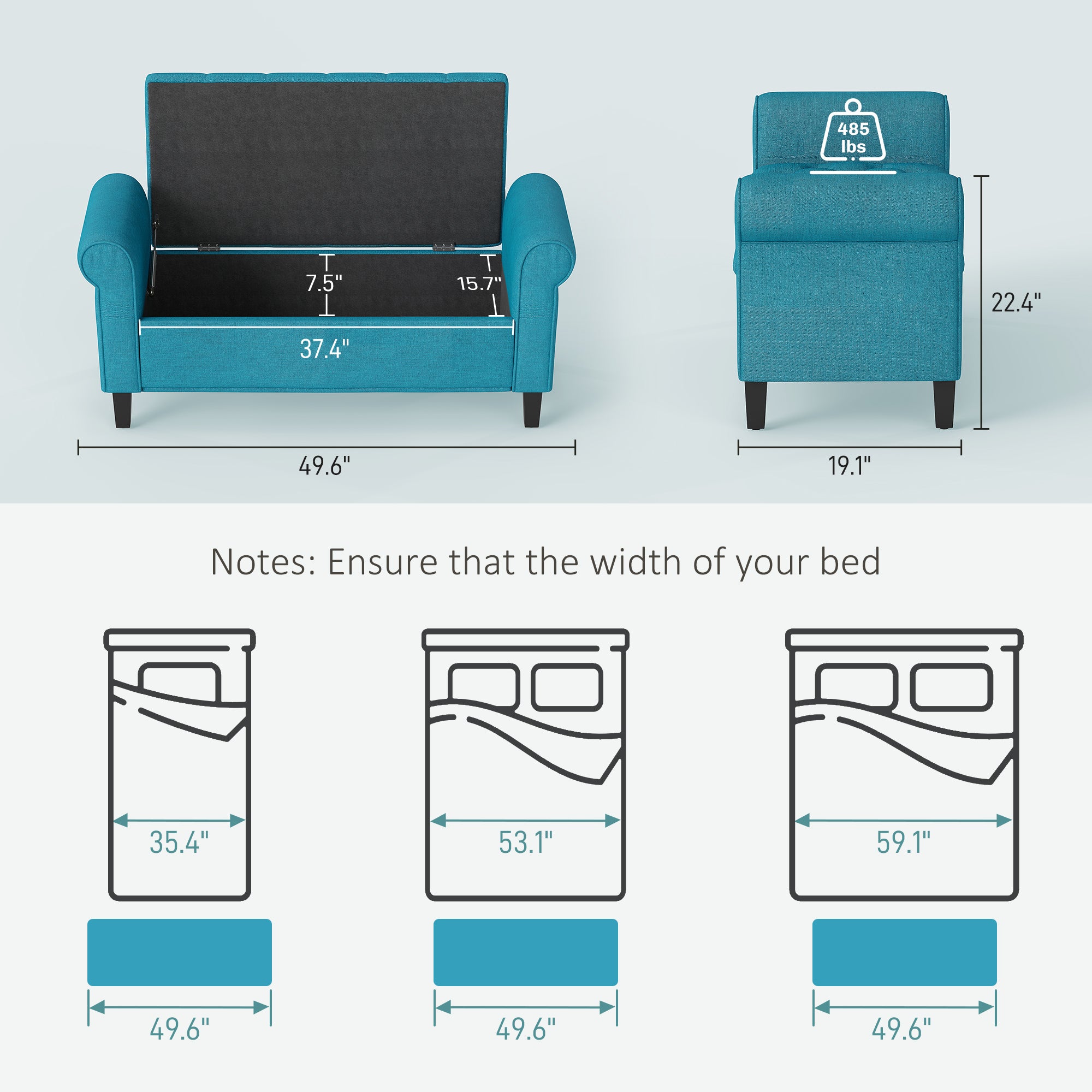 50 Inches Storage Ottoman, End of Bed Bench with Rolled Arms, Wood Legs, Button Tufted Storage Bench, Teal - Noventis Home