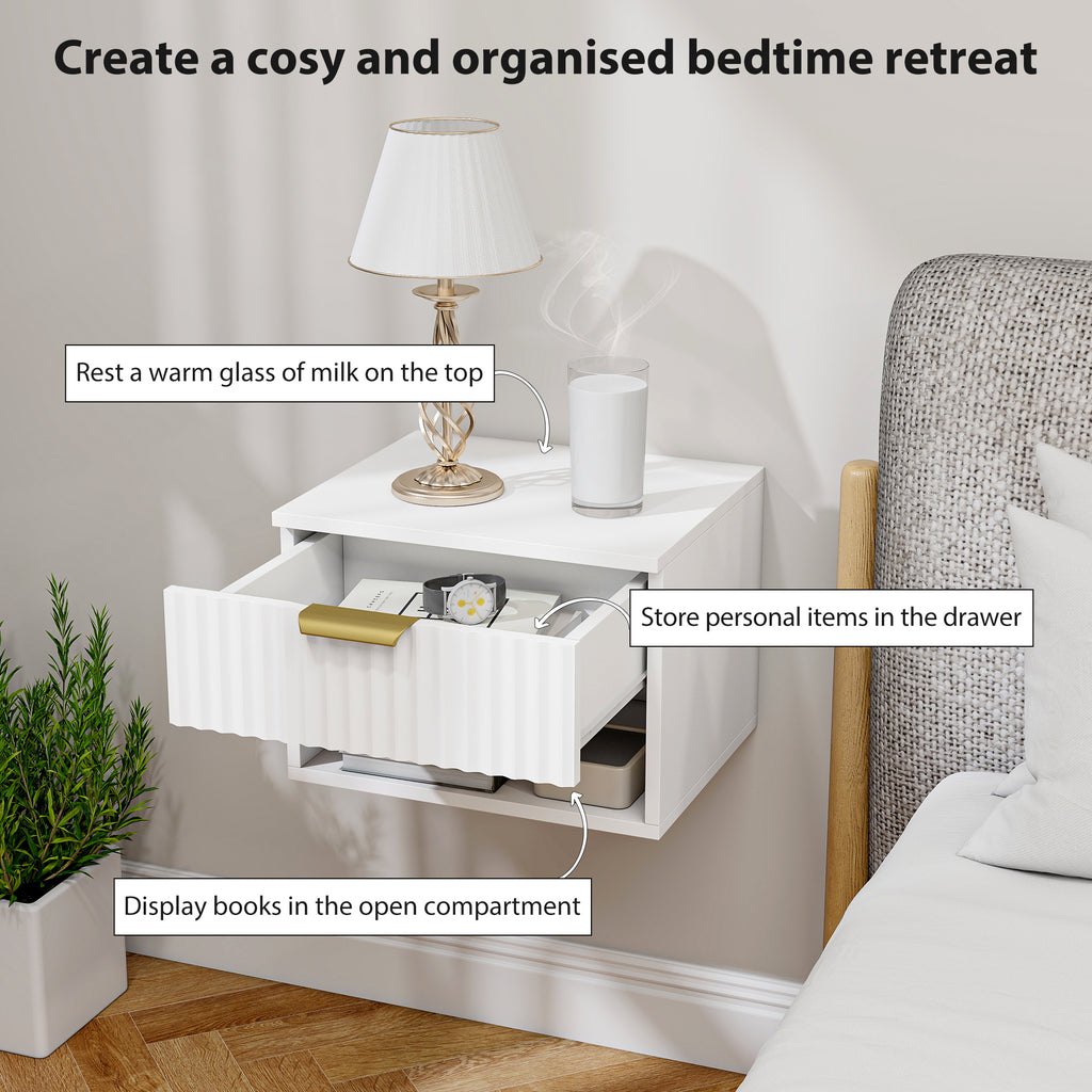 Zwevende Nachtkastjes Set van 2, Wandgemonteerd met Geribbelde Lade en Open Plank voor Slaapkamer, Wit - Noventis Home