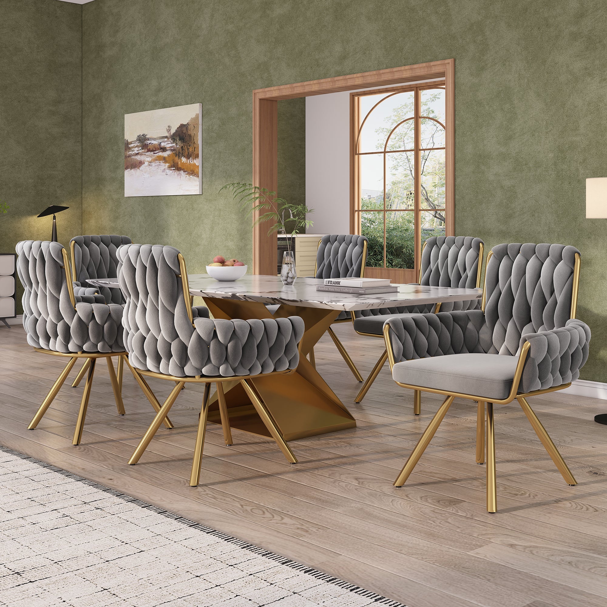 Set van 6 Fluwelen Eetkamerstoelen, Luxe Draaistoel voor Woonkamer en Slaapkamer met Vier Metalen Poten, Grijs - Noventis Home