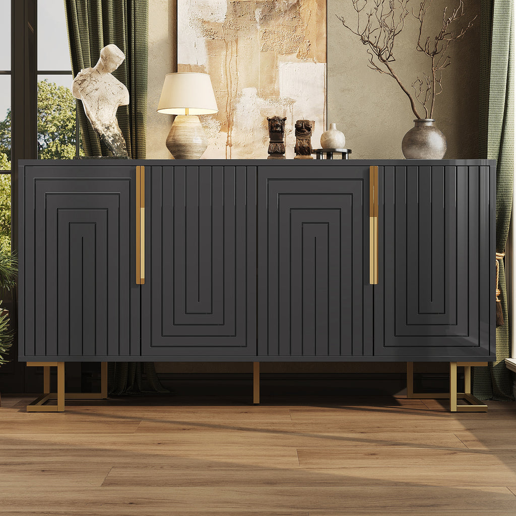 Zwart Dressoir 152x40x75cm met Uniek Geometrisch Design en Gouden Handgrepen en Poten