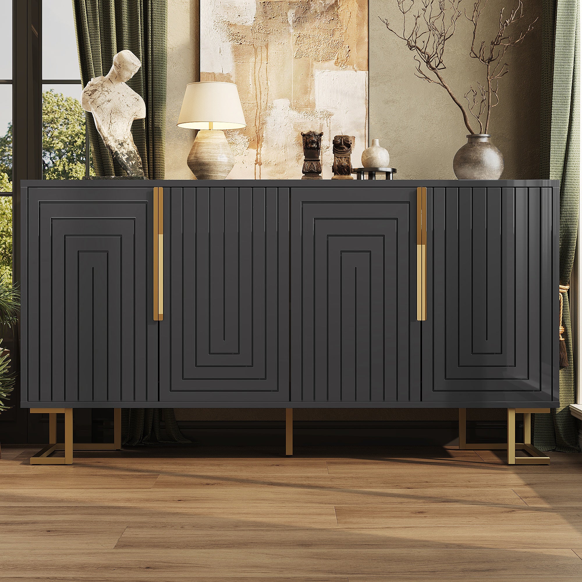 Zwart Dressoir 152x40x75cm met Uniek Geometrisch Design en Gouden Handgrepen en Poten