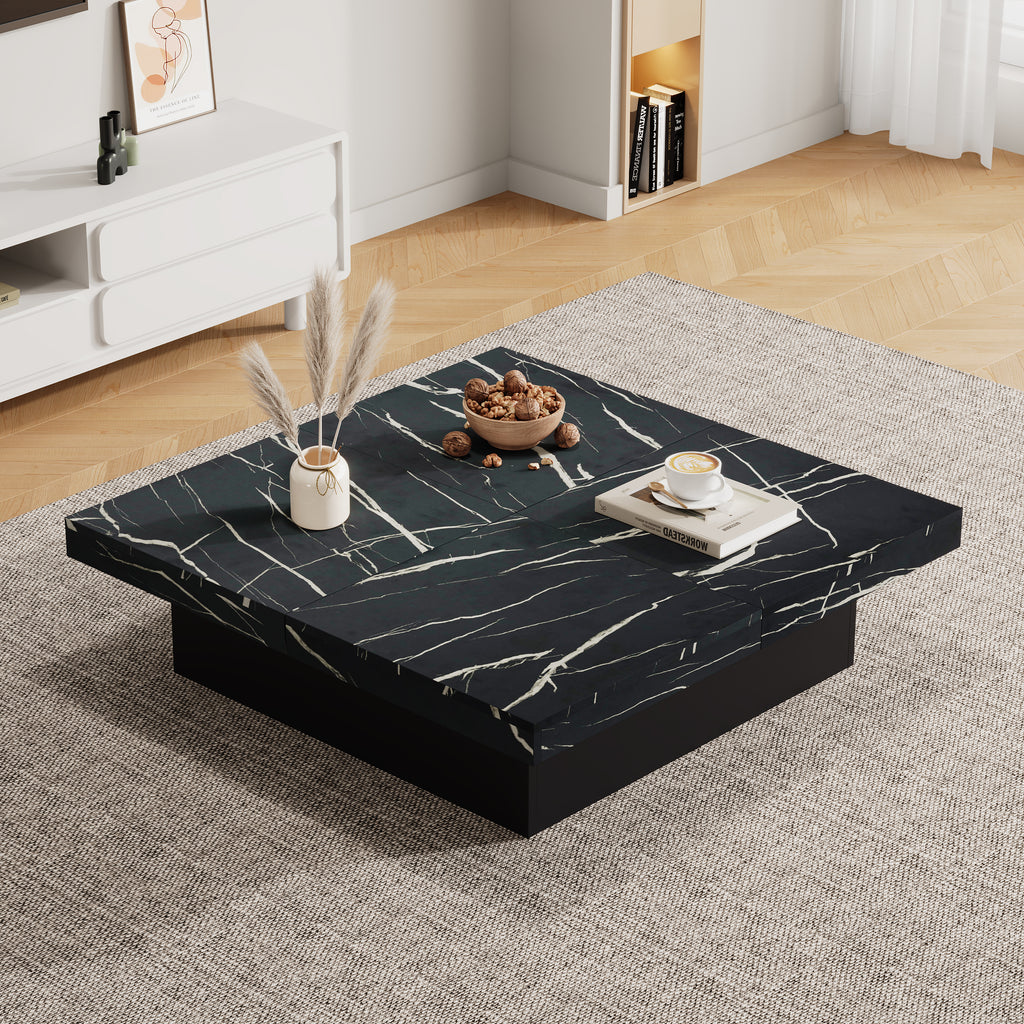 Moderne Vierkante Salontafel met Marmerlook, 4 Schuiflades, 90x90x25 cm, Zwart