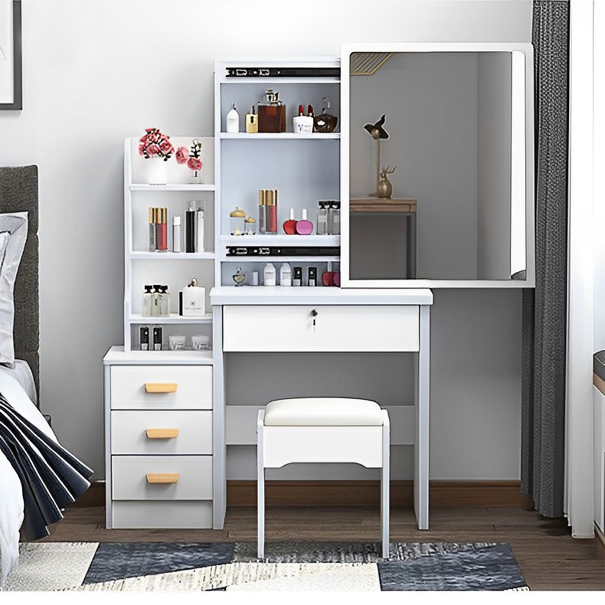 Kaptafel met Spiegel en Verlichting voor Make - up, 4 Lades, 3 Kleurmodi Instelbare Helderheid, Wit - Noventis Home