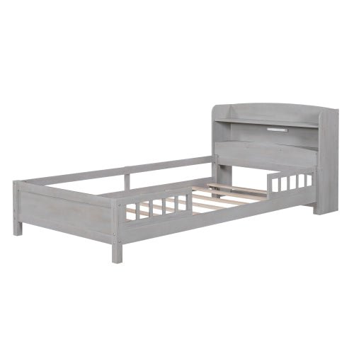 Wood Twin Size Platform Bed With Built - in LED Light, Storage Headboard And Guardrail, Antique Grey - Noventis Home