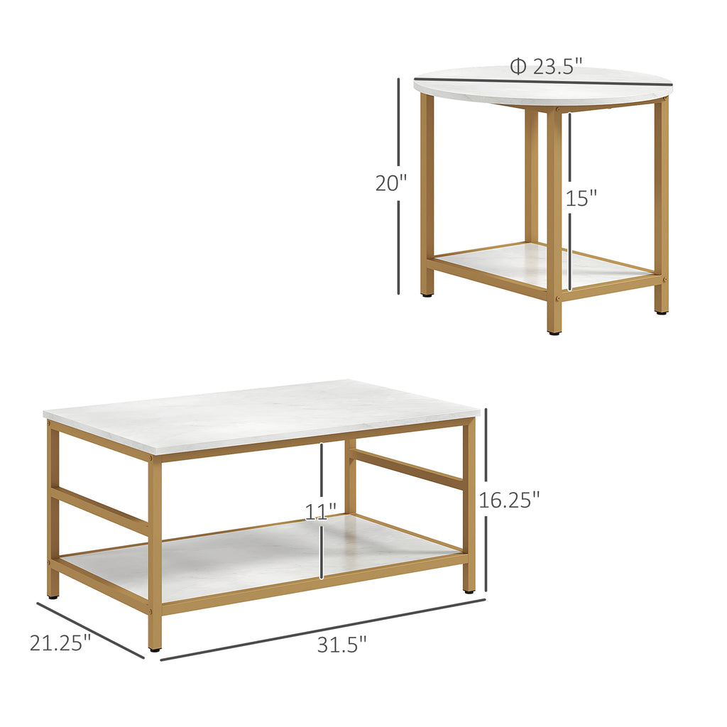 Salontafelset van 2, Marmerlook Tafelblad met Gouden Stalen Frame, Rechthoekig en Rond