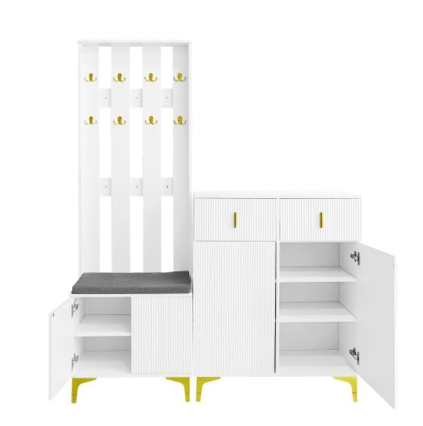 Wardrobe Set With Shoe Bench And Cushion, Wardrobe Front With Hooks, Shoe Cabinet With Drawers And Doors - Noventis Home