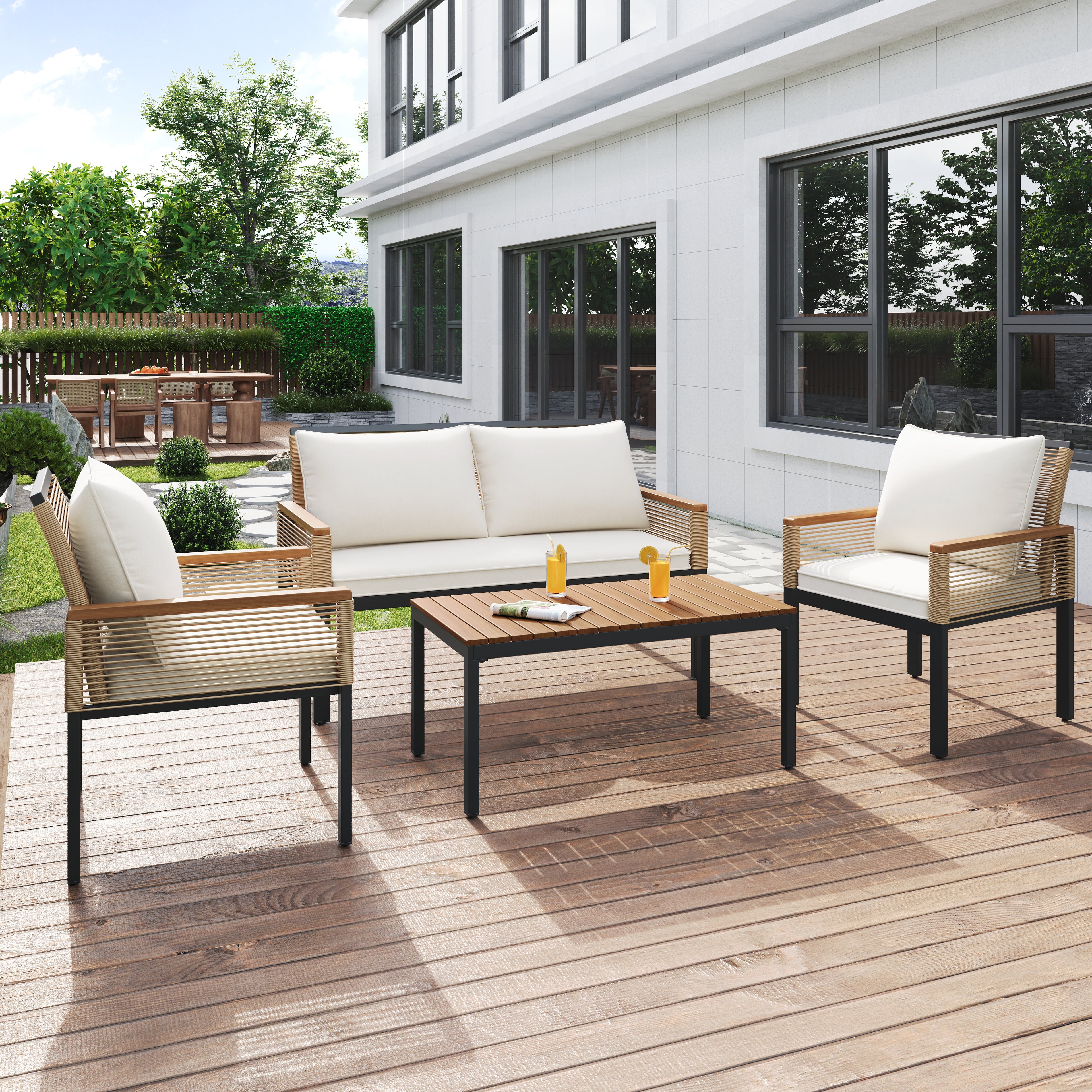 Tuinloungeset, Tuinmeubelset met Kussens, Dubbele Bank, 2 Fauteuils en Tafel, Buiten, Rattan, Beige