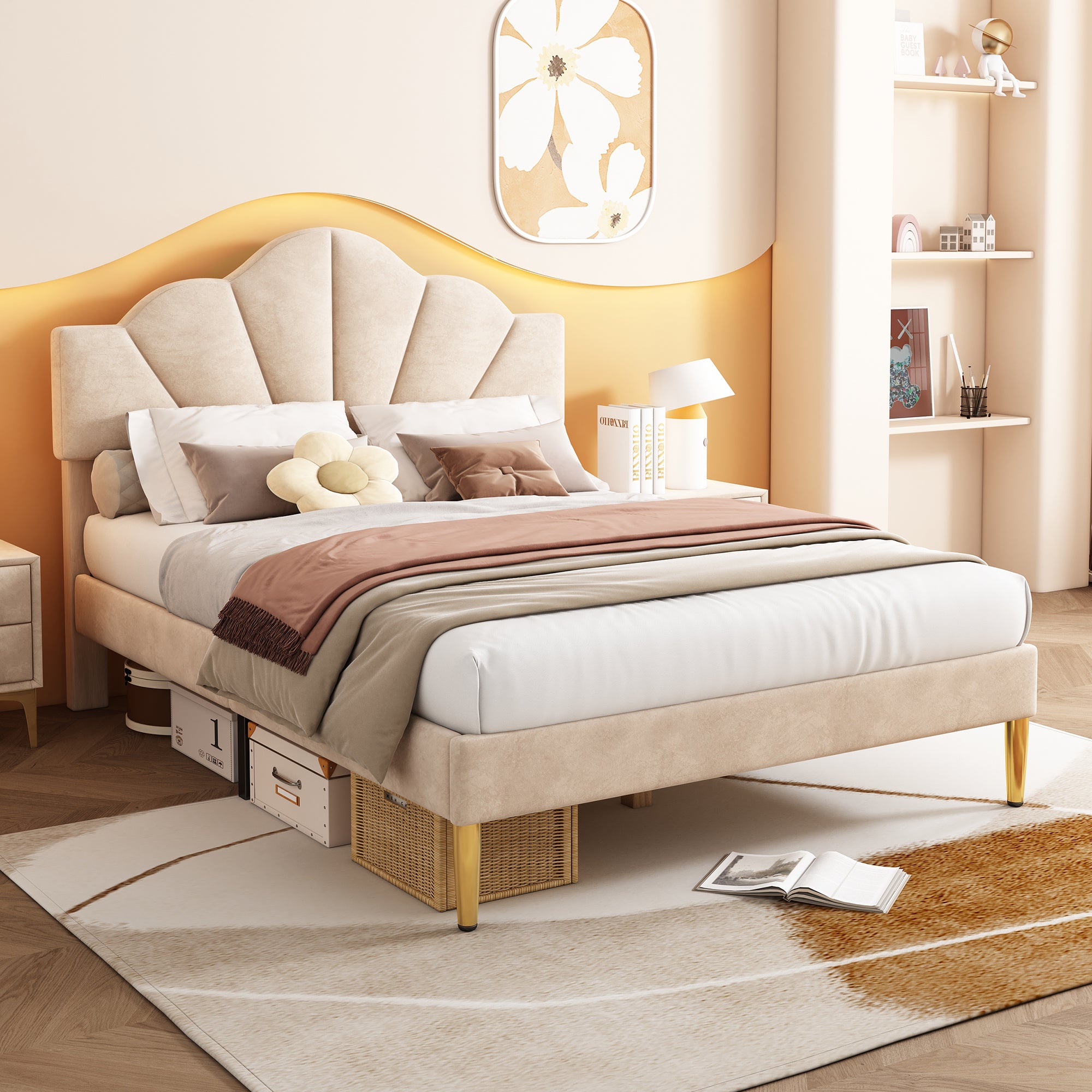 Velvet Upholstered Bed,Double Bed - 4ft6 135x190cm, Shell - like Bed With Golden Iron Legs, Height - adjustable Headboard, Wooden Slatted Frame, Beige - Noventis Home
