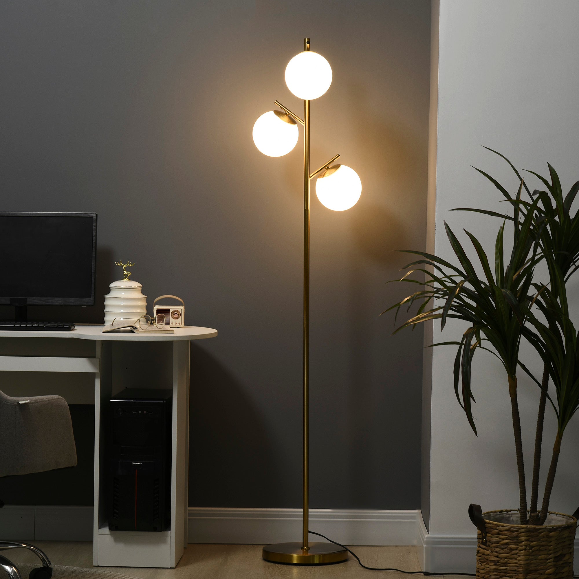 Modern 3 - Light Floor Lamp For Living Room, Tree Standing Lamp With Globe Lampshades, 10.75"x10.75"x66.5", Gold - Noventis Home