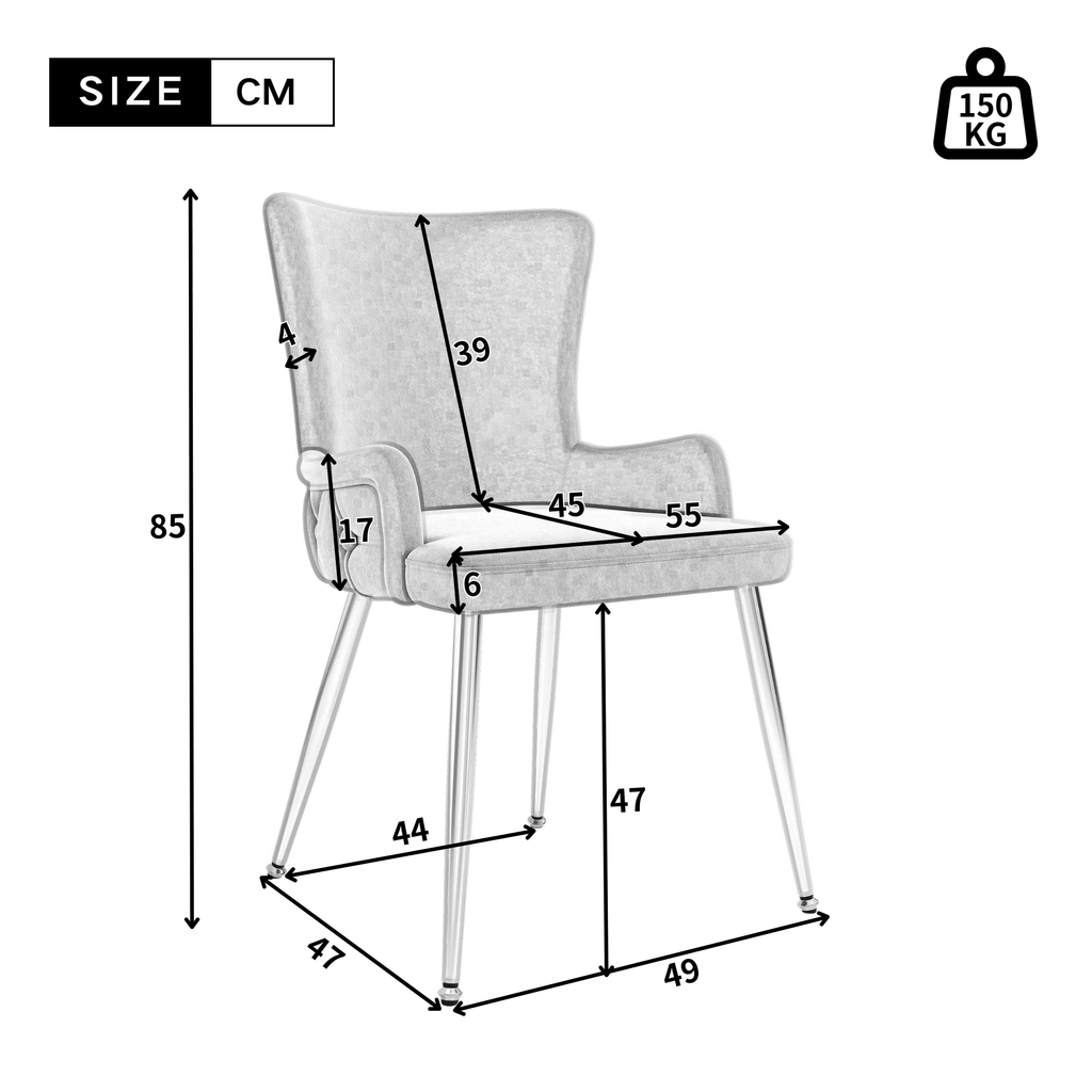 Velvet Dining Chair, Set Of 2, Luxurious Living Room Bedroom Lounge Chair With Four Silver - colored Metal Support Legs, Grey - Noventis Home