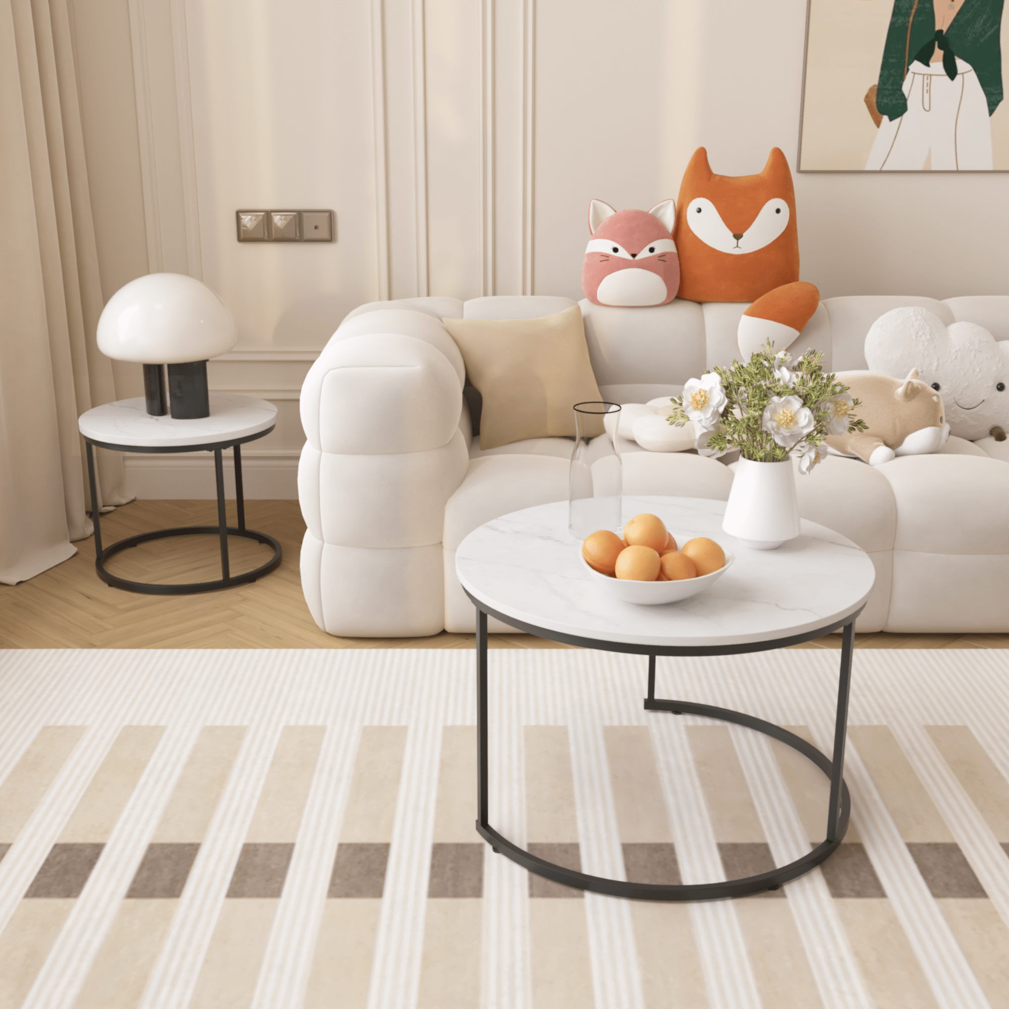 Nesting Coffee Table Set Of 2, 27.6inch Round Coffee Table Wood Marble Pattern Top With Sturdy Metal Frame, End Table Side Tables For Living Room Bedroom Balcony Yard White - Noventis Home