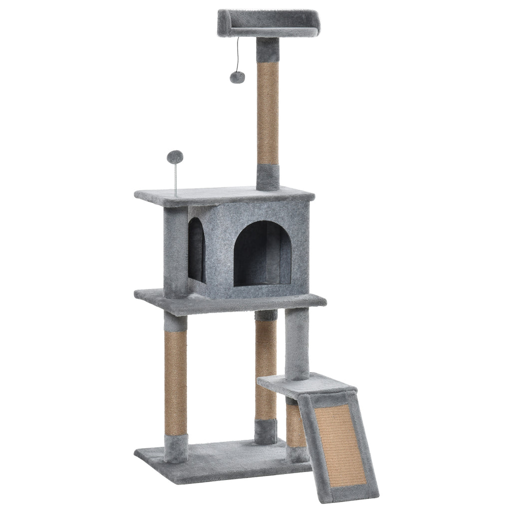 PawHut Cat Tree Tower 142cm Climbing Kitten Activity Center With Jute Scratching Post Board, Removable Felt Hanging Toy, Grey - Noventis Home