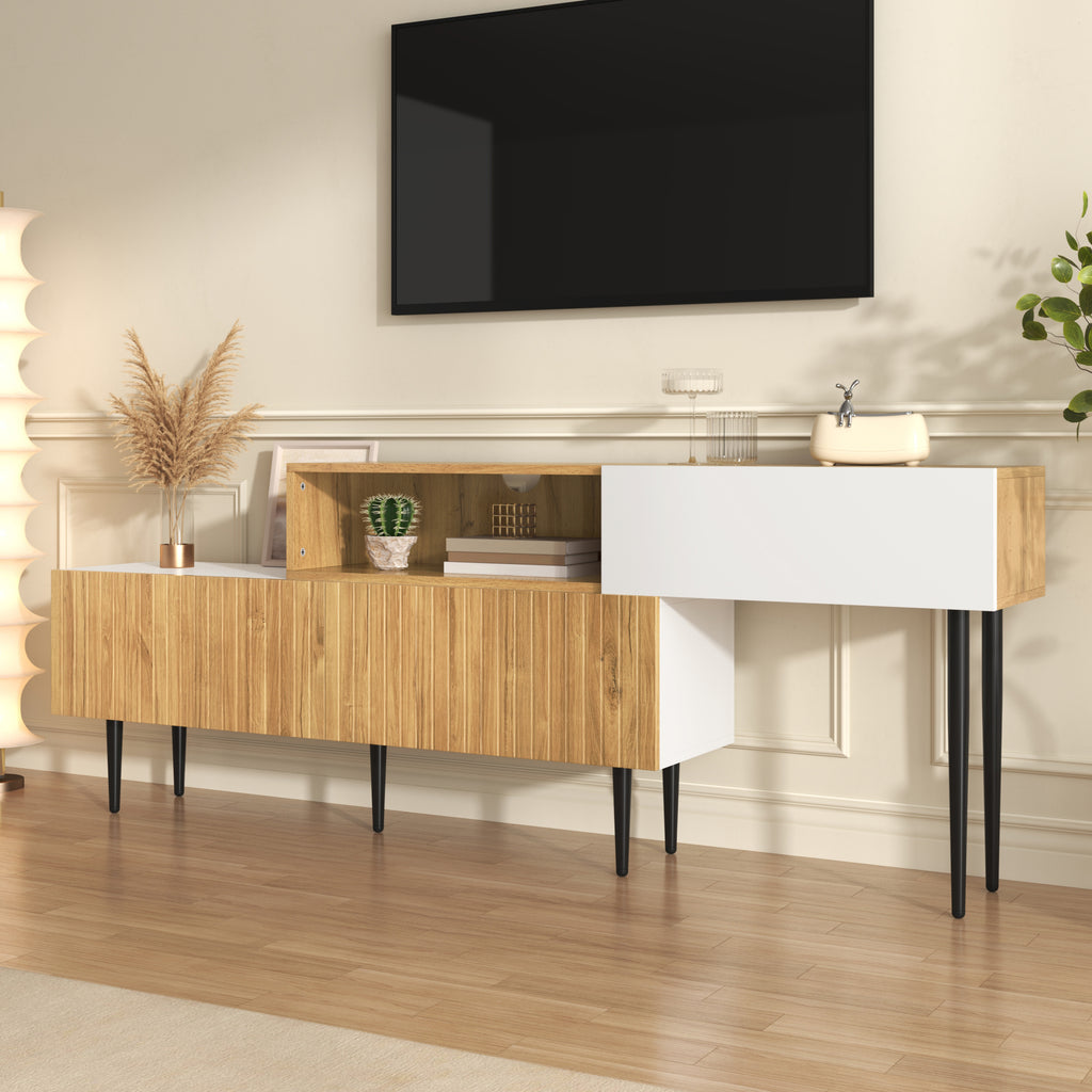 Modern TV - meubel met Verstelbare Lengte, Modulair 2 - delig Design, Houtlook Matwit, Zwarte Metalen Poten - Noventis Home