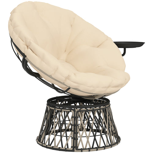 360 Swivel Outdoor Papasan Chair, 39 Overstuffed Circle Chair With Side Tray, Thick Cushion For Indoor Patio, Beige - Noventis Home