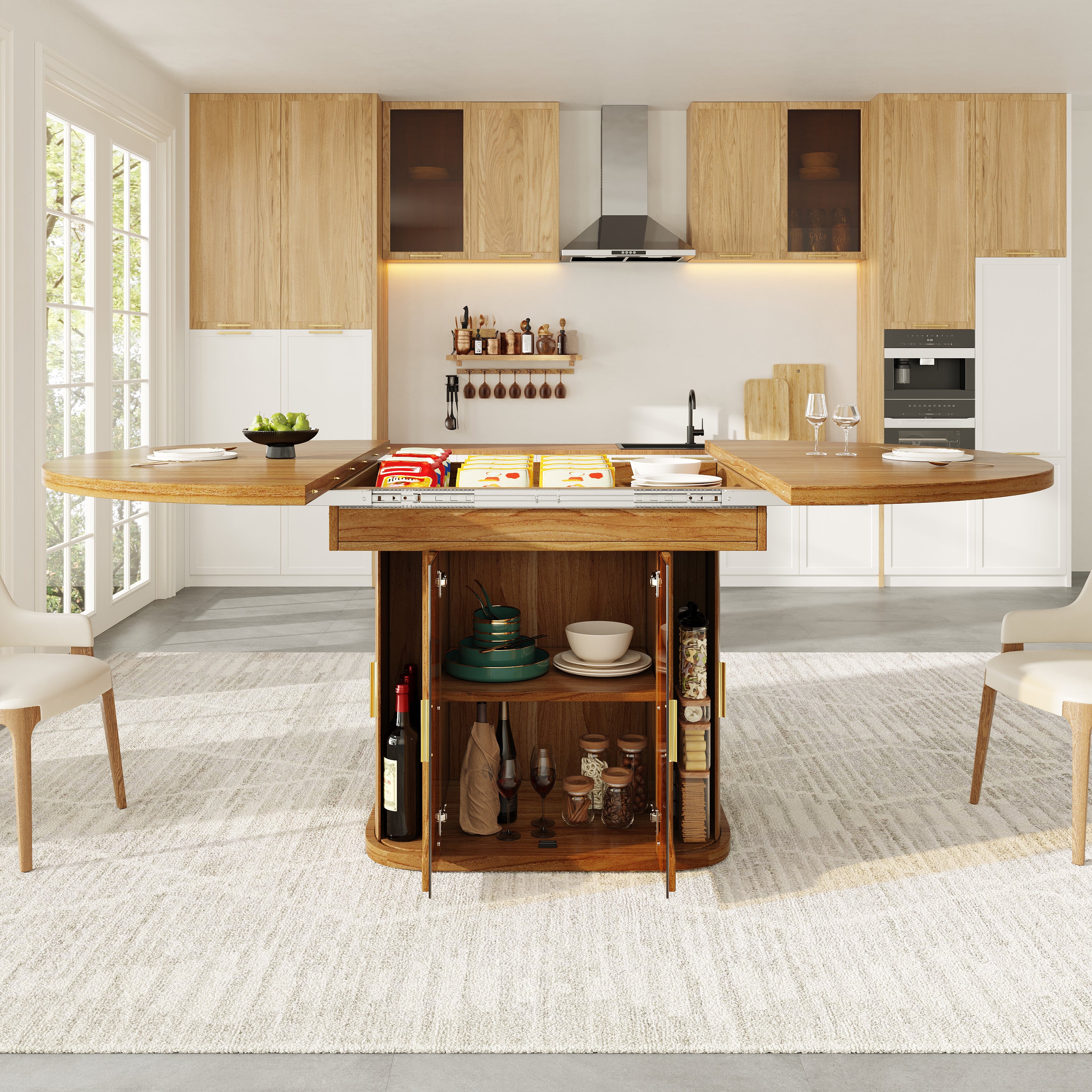 Uitschuifbare Ronde Eettafel, Uitklapbaar tot Ovaal, 118-158cm, tot 6 Personen, Glazen Deuren, Walnoot