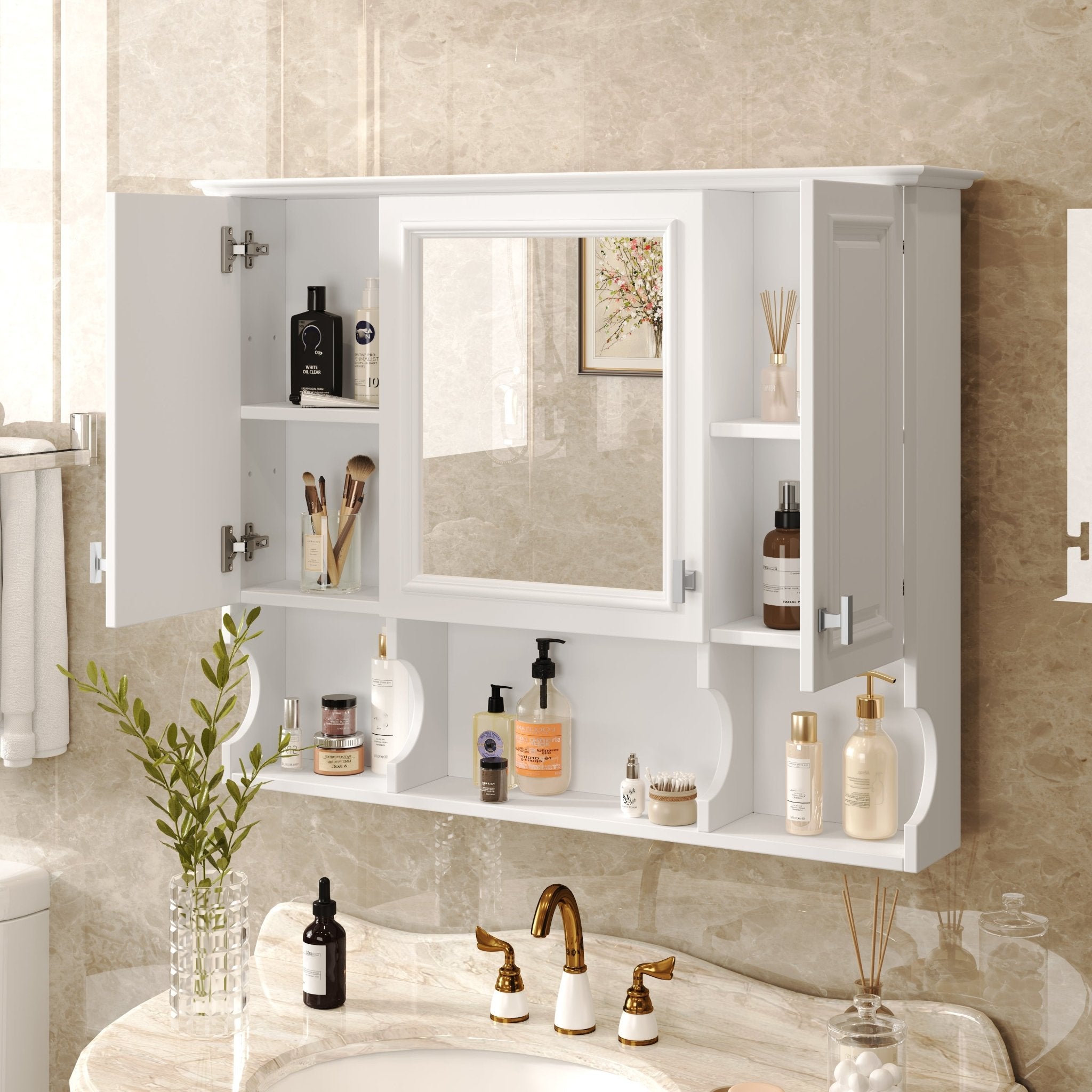 35'' X 28'' Wall Mounted Bathroom Medicine Cabinet, Modern Bathroom Wall Cabinet With Mirror, Mirror Cabinet With Open Shelves - Noventis Home