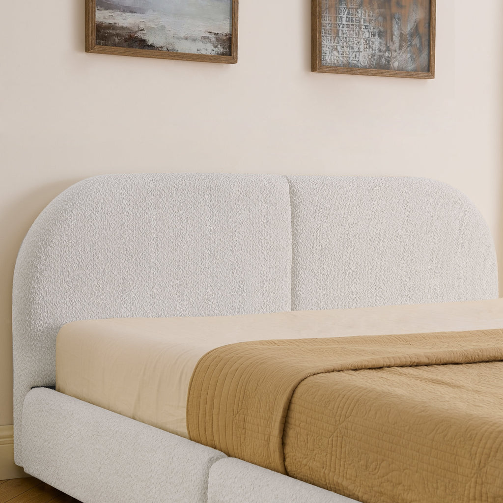 Queen Size Upholstered Bed Frame Modern Minimalist Style - Circle Yarn Fabric, Tall Curved Headboard, Sturdy Leg Support & Wheeled Drawer Storage, Mattress Not Included - Beige - Noventis Home