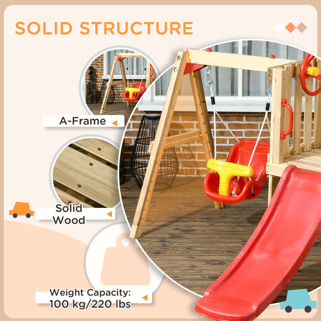 4 - in - 1 Wooden Swing Set with Swing, Slide, Horn, Steering Wheel, Red - Noventis Home
