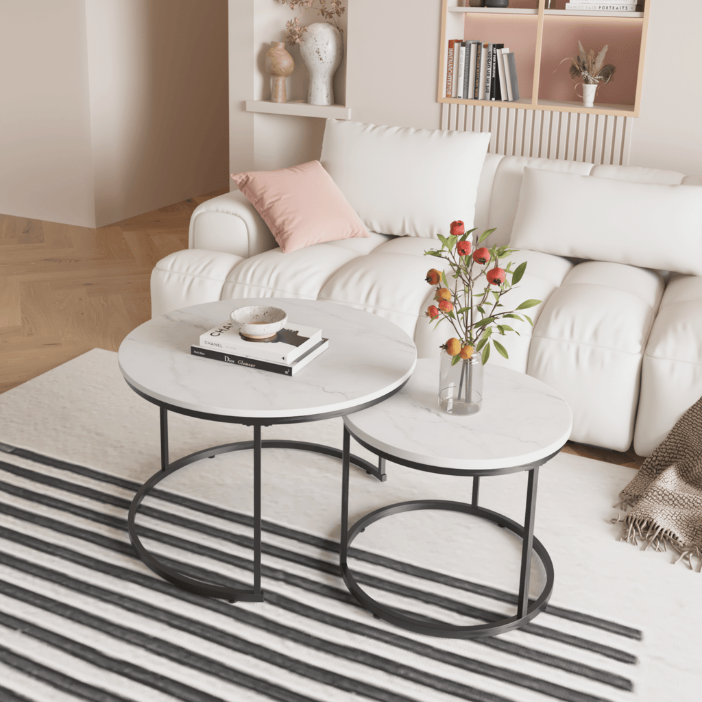 Nesting Coffee Table Set Of 2, 27.6inch Round Coffee Table Wood Marble Pattern Top With Sturdy Metal Frame, End Table Side Tables For Living Room Bedroom Balcony Yard White - Noventis Home