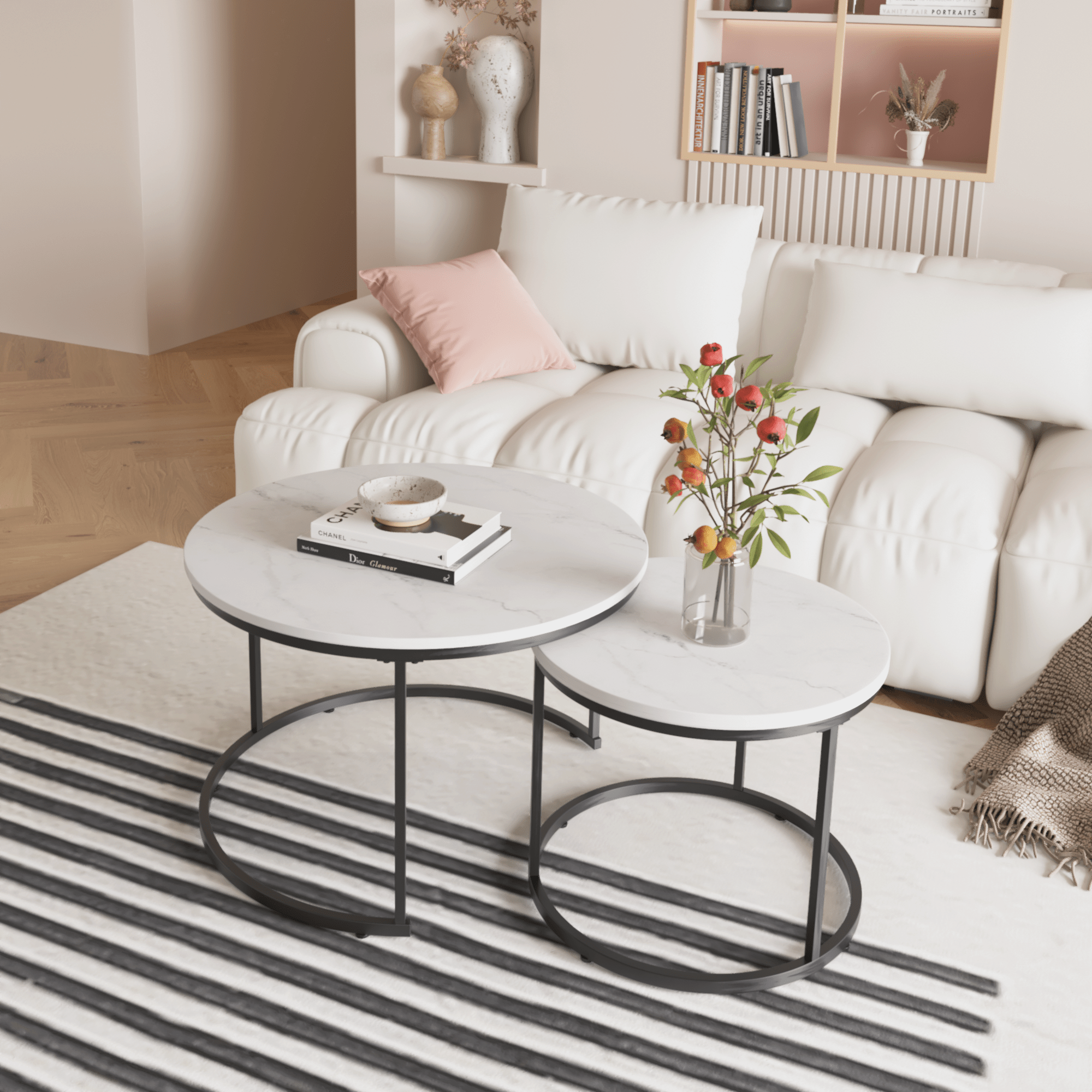 Nesting Coffee Table Set Of 2, 27.6inch Round Coffee Table Wood Marble Pattern Top With Sturdy Metal Frame, End Table Side Tables For Living Room Bedroom Balcony Yard White - Noventis Home