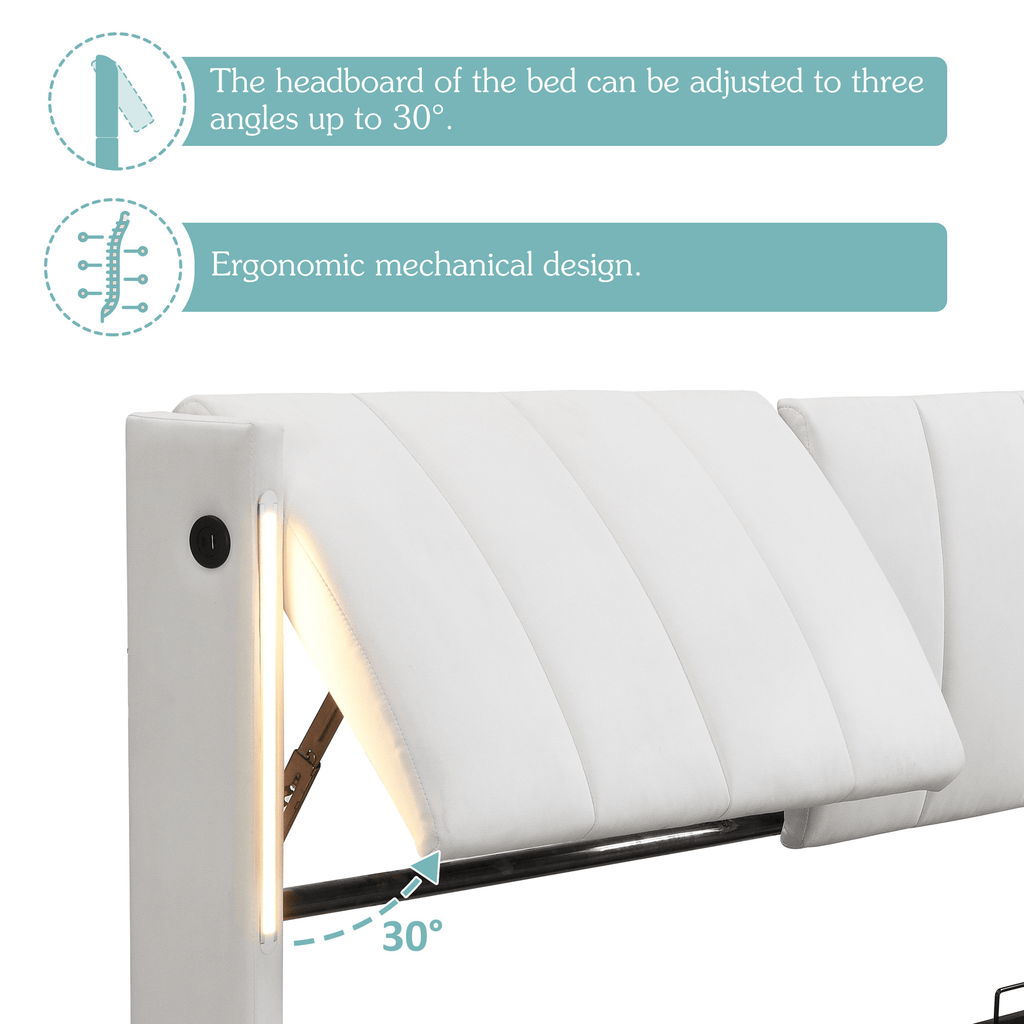 LED Upholstered Super King Size Bed - 6ft 180X200cm With Storage & Hydraulic Lift, USB Charging Ports, Adjustable Headboard & Lighting, PU , White - Noventis Home