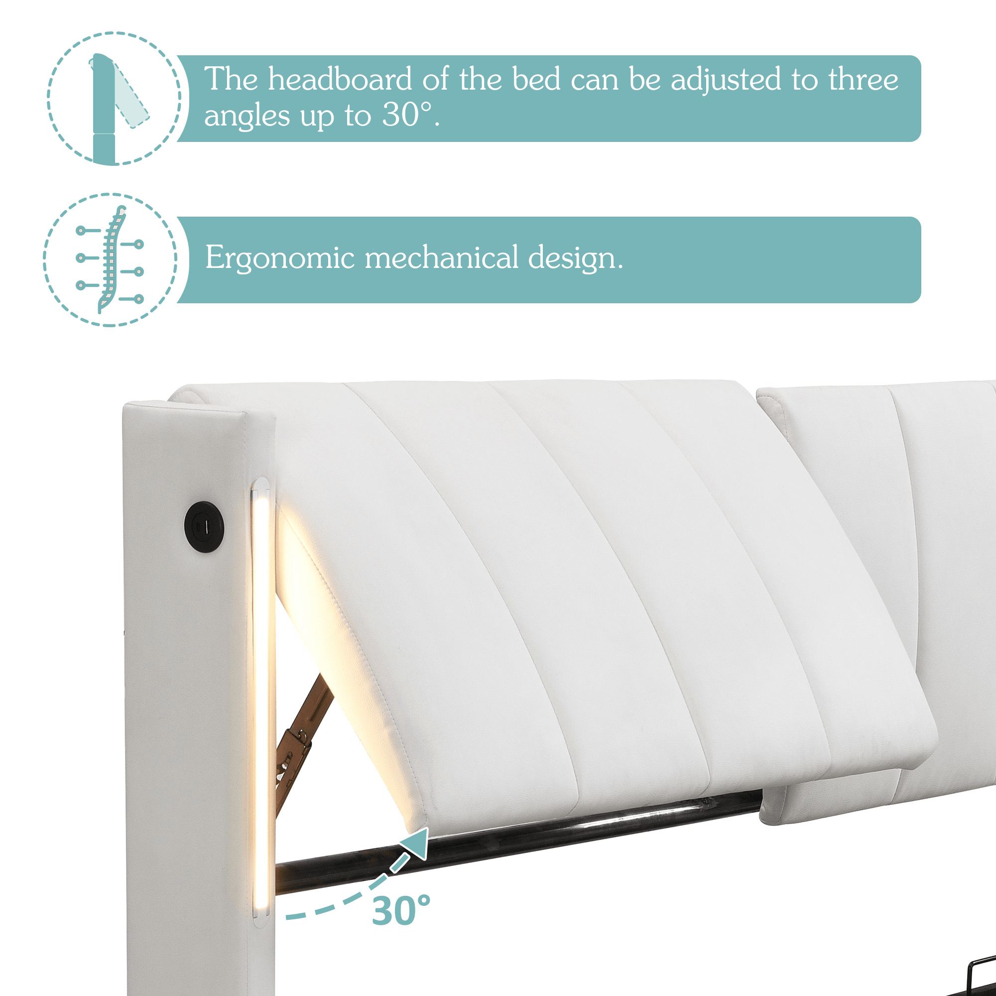 LED Upholstered Super King Size Bed - 6ft 180X200cm With Storage & Hydraulic Lift, USB Charging Ports, Adjustable Headboard & Lighting, PU , White - Noventis Home
