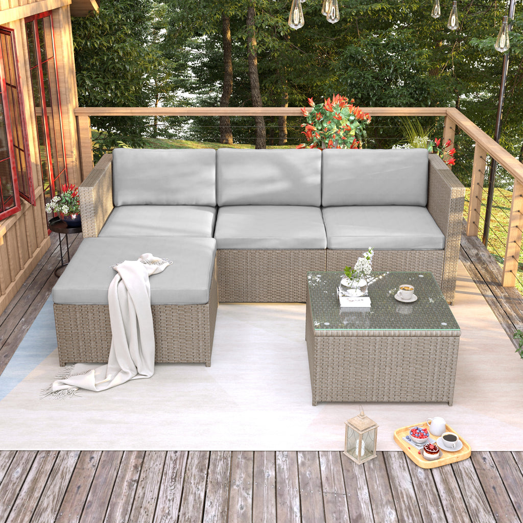 Garden Corner Sofa Rattan Garden Furniture Patio Set Garden Entertaining Set Garden Rattan Furniture Lounge Set,Khaki - Noventis Home