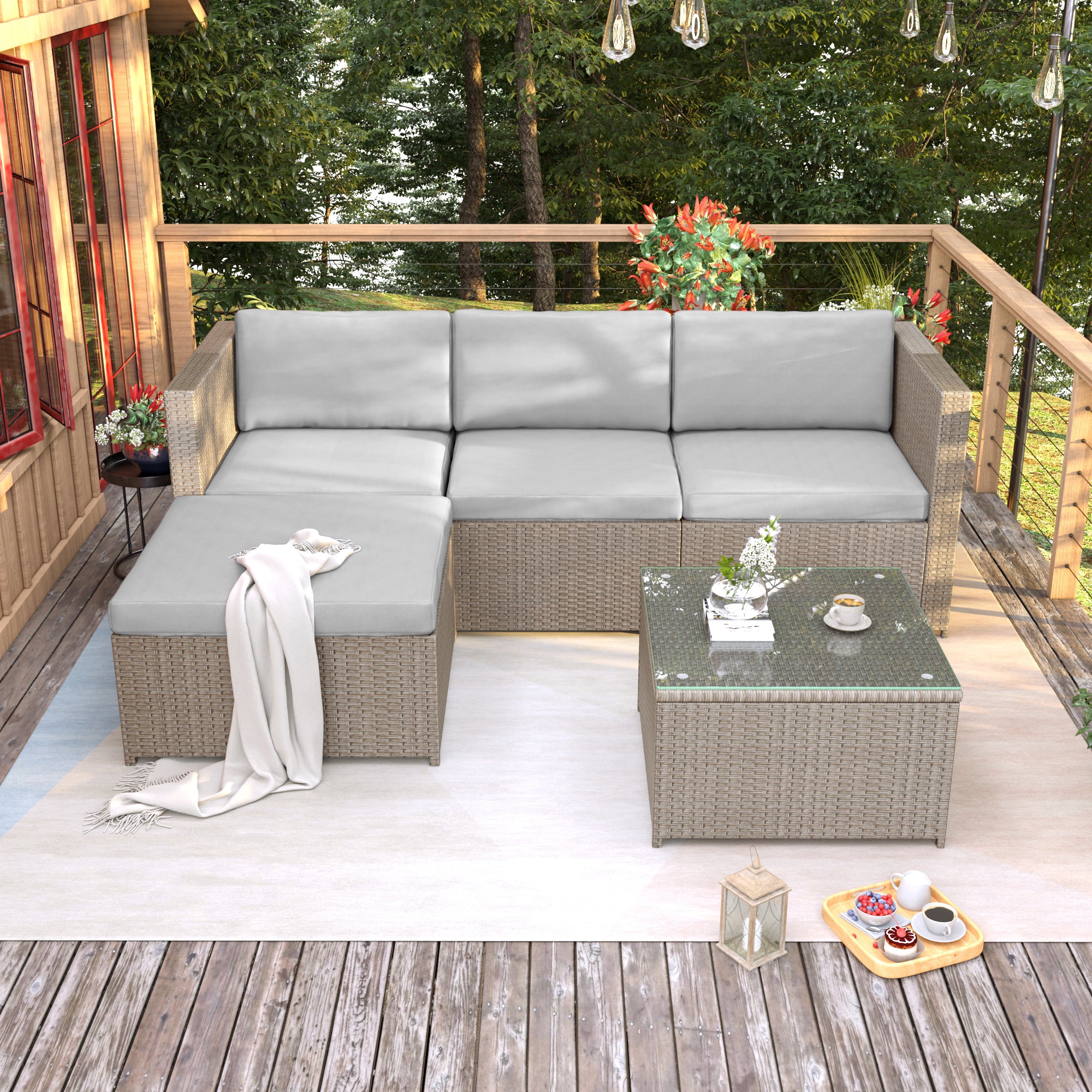 Garden Corner Sofa Rattan Garden Furniture Patio Set Garden Entertaining Set Garden Rattan Furniture Lounge Set,Khaki - Noventis Home