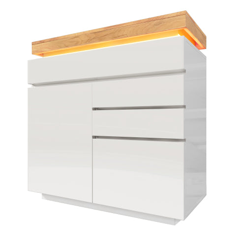 Ladekast, Hoogglans Dressoir met 2 Deuren en 3 Lades, RGB LED App-gestuurd, Multifunctioneel voor Woonkamer en Slaapkamer, 115x110x39 cm, Wit