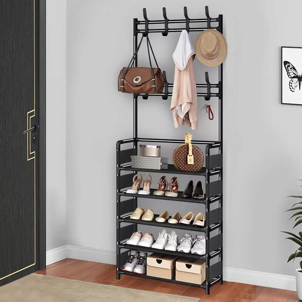 New Coat And Hat Stand 8 Hooks Metal Shoe Rack 5 Tiers Shelf Hanger Black UK - Noventis Home
