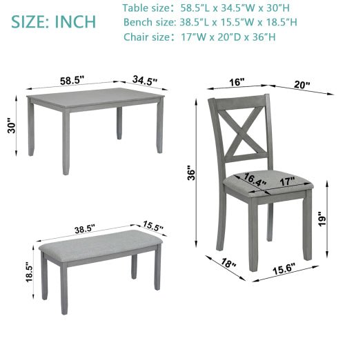6 Piece Kitchen Dining Set, Rectangular Wooden Dining Table With 4 Upholstered Chairs And A Bench, Dining Table Set For 6 People, Living Room, Home Bar And Kitchen, Gray - Noventis Home