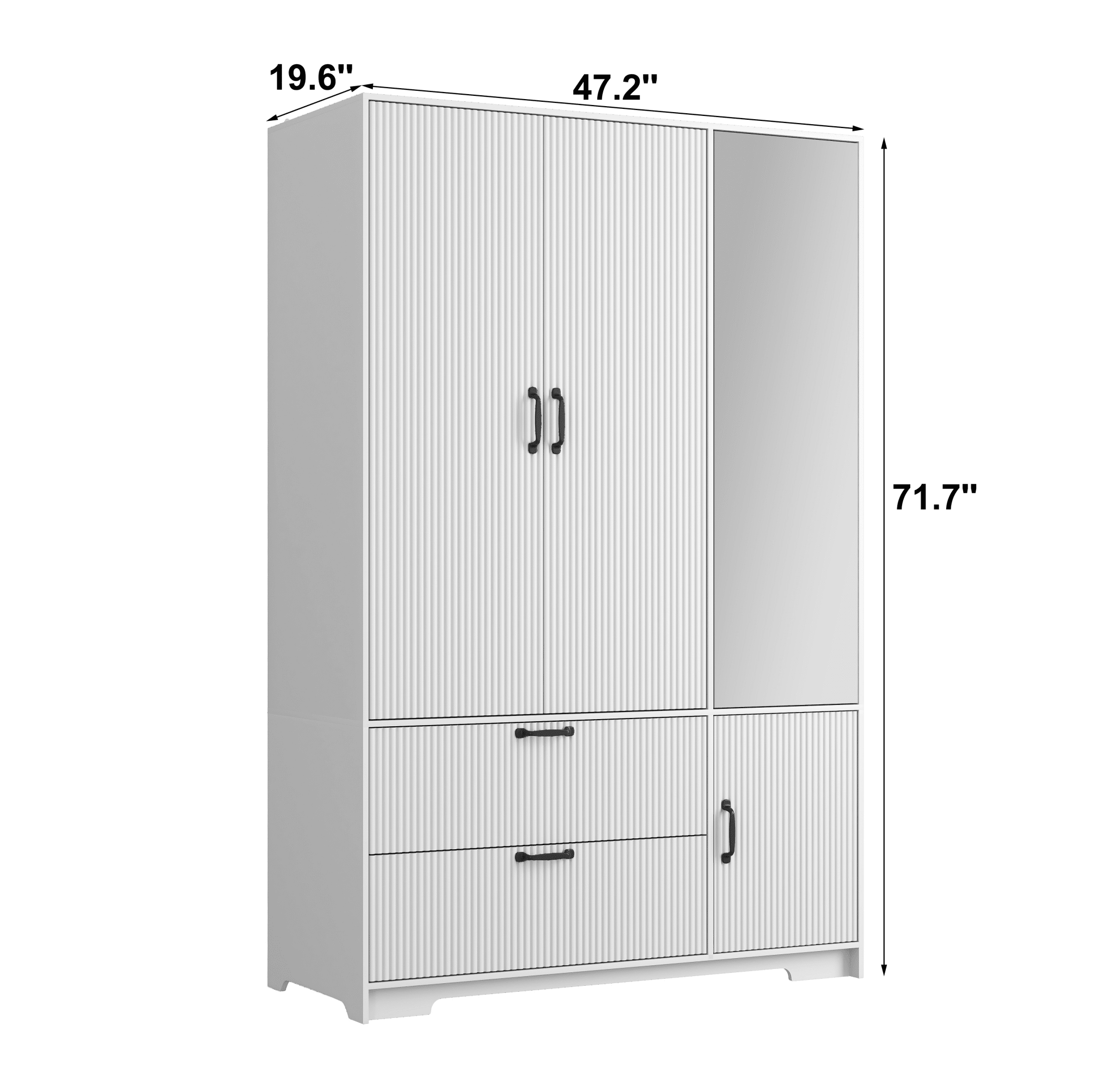 4 - Deurs Kledingkast met Spiegel, LED Kledingkast met 2 Lades, Houten Opbergkast met Kledingstang en Verstelbare Planken, Wit - Noventis Home