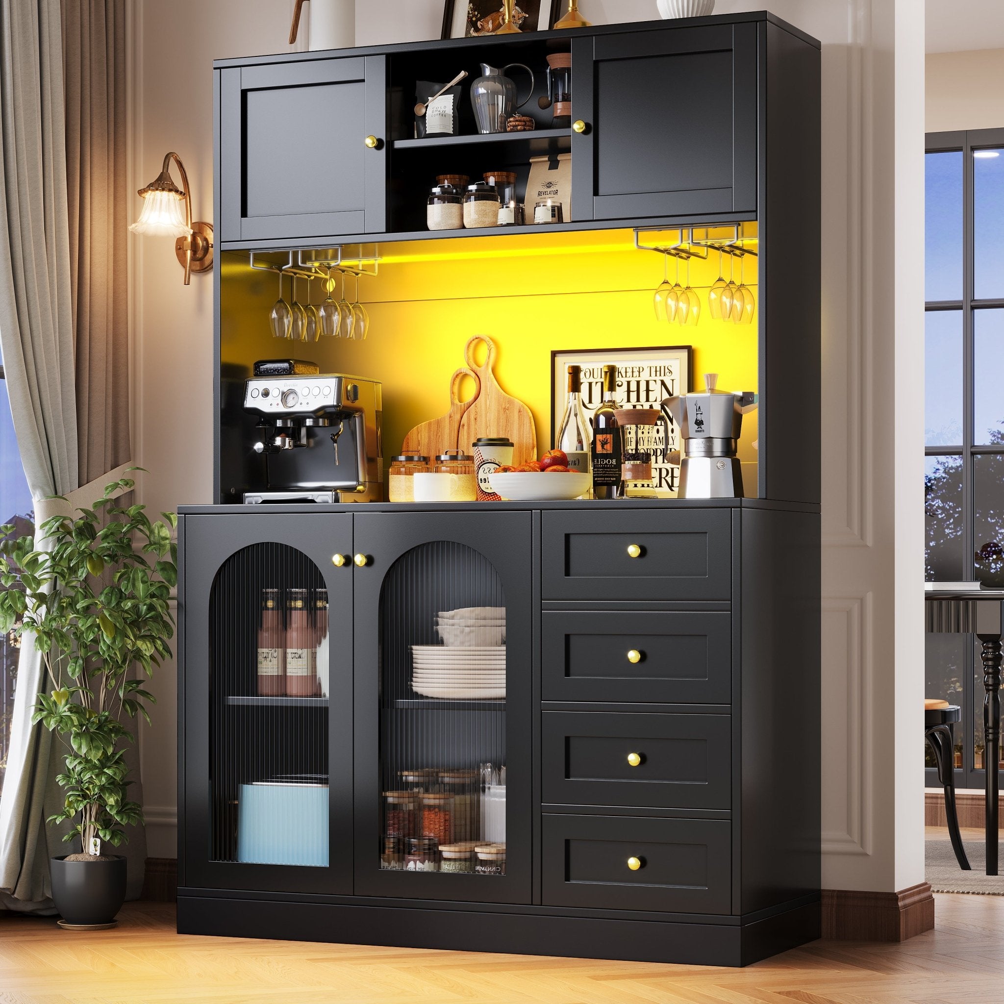Sideboard Storage Cabinet Kitchen Cabinet Buffet Cabinet, 120x40x188cm, Farmhouse Style, 4 Doors, With LED Light Strip & Drink Holders, Black White Fluted Glass Doors - Noventis Home