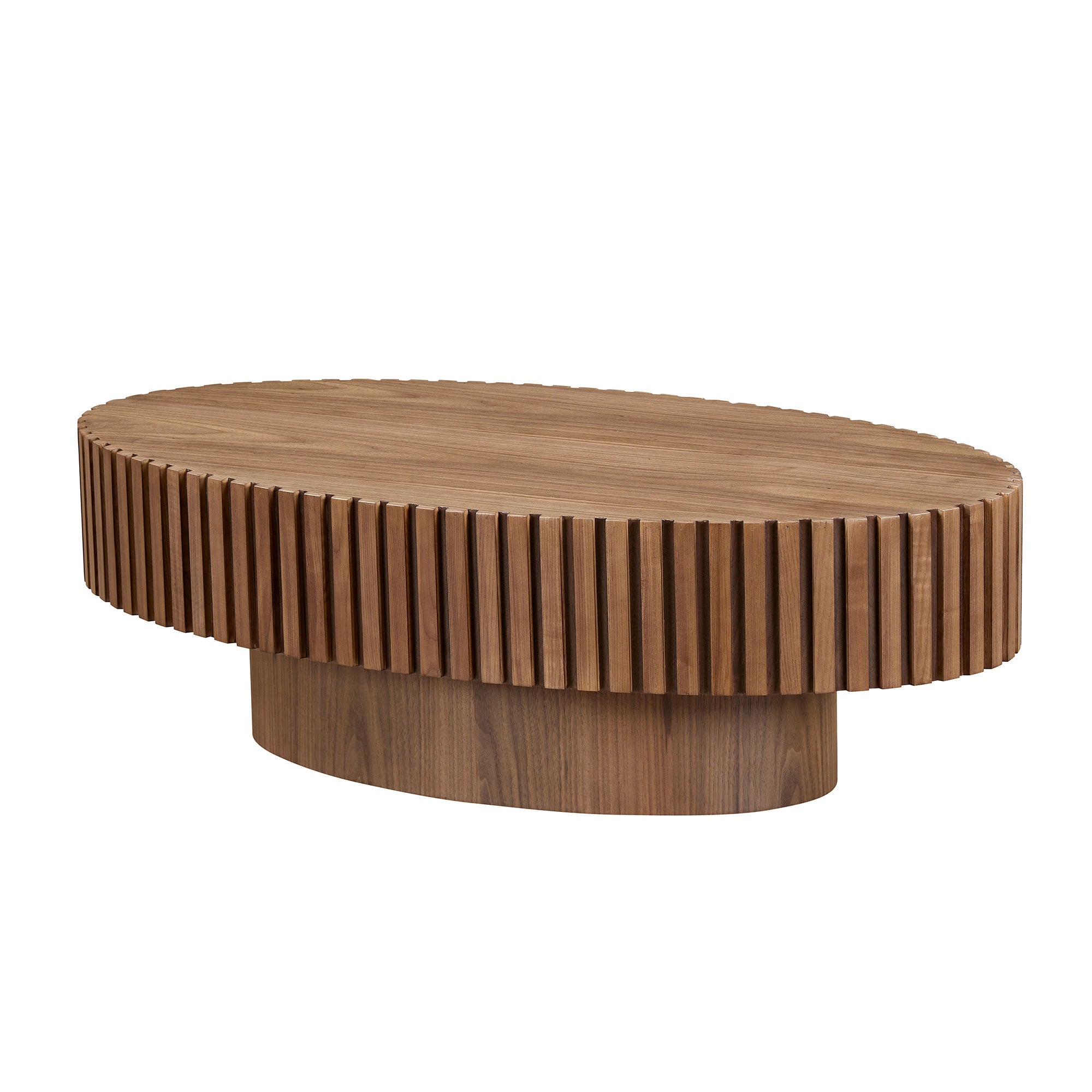 Modern Handcraft Drum Coffee Table Length 43.7 Inch Ellipse Coffee Table For Living Room,Oval Small Coffee Table With Sturdy Pedestal,Walnut MDF - Noventis Home