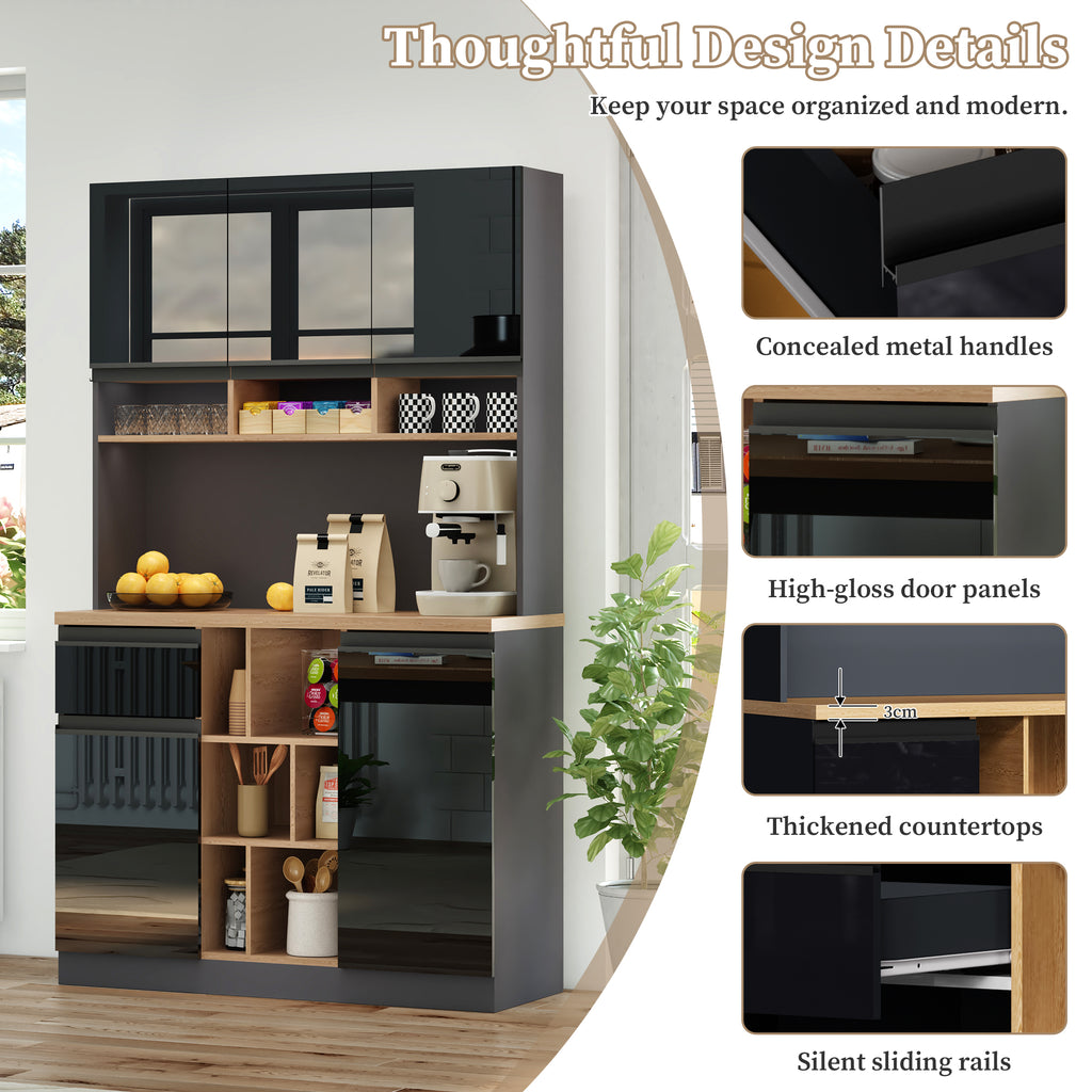 105x45x185 cm Keukenkast Buffetkast, Hoogglans Deuren, Verstelbare Planken, Lades, Open Opbergruimte, Kantelbescherming, Geschikt voor Keuken, Eetkamer en Woonkamer - Noventis Home