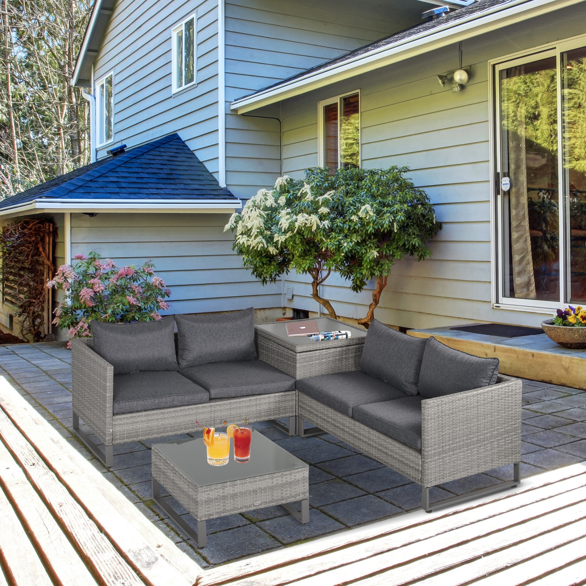 4 Pieces Rattan Garden Furniture Set, 4 Seater Garden Sofa Set With Storage Box, Loveseats And Glass Top Table, Wicker Outdoor Conservatory Furniture With Cushions For Outdoor, Patio, Grey - Noventis Home