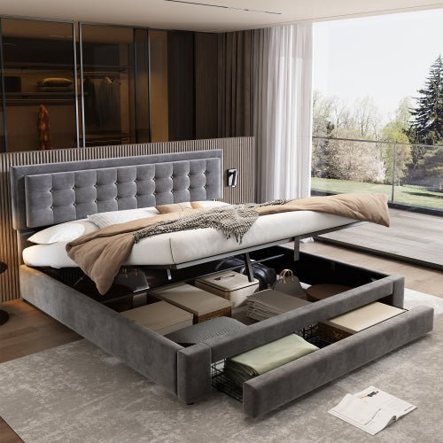 Gestoffeerd Super Kingsize Bed 180x200 cm, Fluweel, Grote Opbergruimte, Met Lattenbodem en Hoofdeinde, Zonder Matras, Grijs - Noventis Home