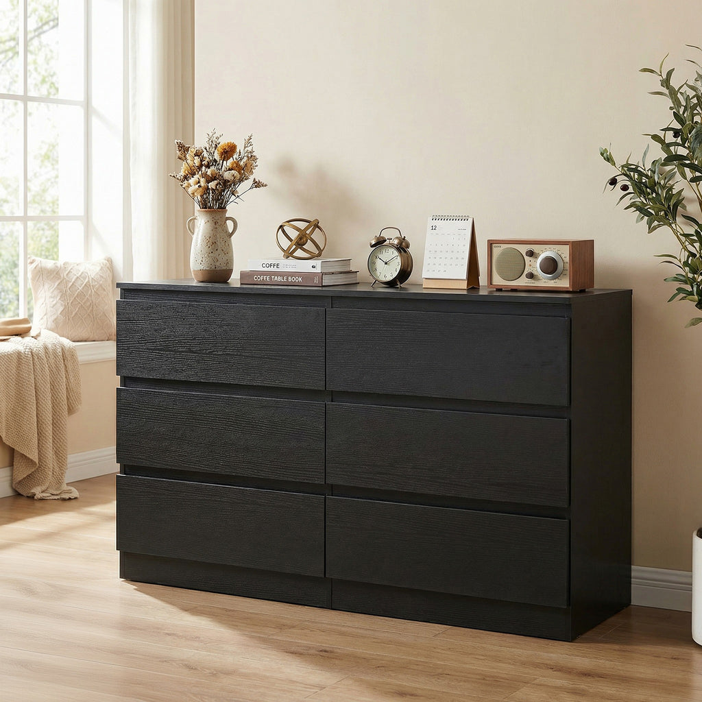 6 Drawer Black Dresser, Modern Bedroom Dresser With Spacious Countertop, Wood Storage Cabinet With Concealed Handles & 6 Deep Drawers For Bedroom, Living Room, Entryway, 15.7 D X 47.2W X 30.9 H - Noventis Home