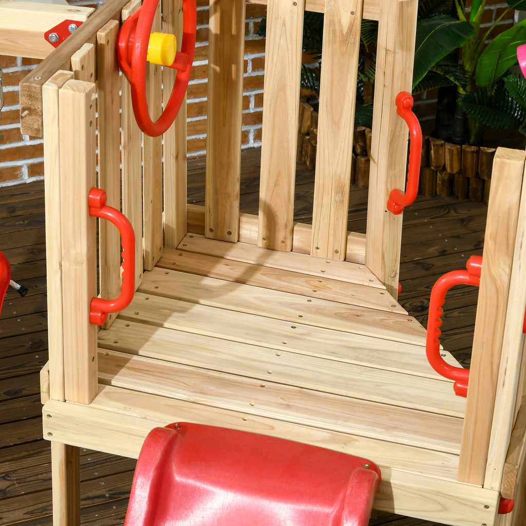 4 - in - 1 Wooden Swing Set with Swing, Slide, Horn, Steering Wheel, Red - Noventis Home