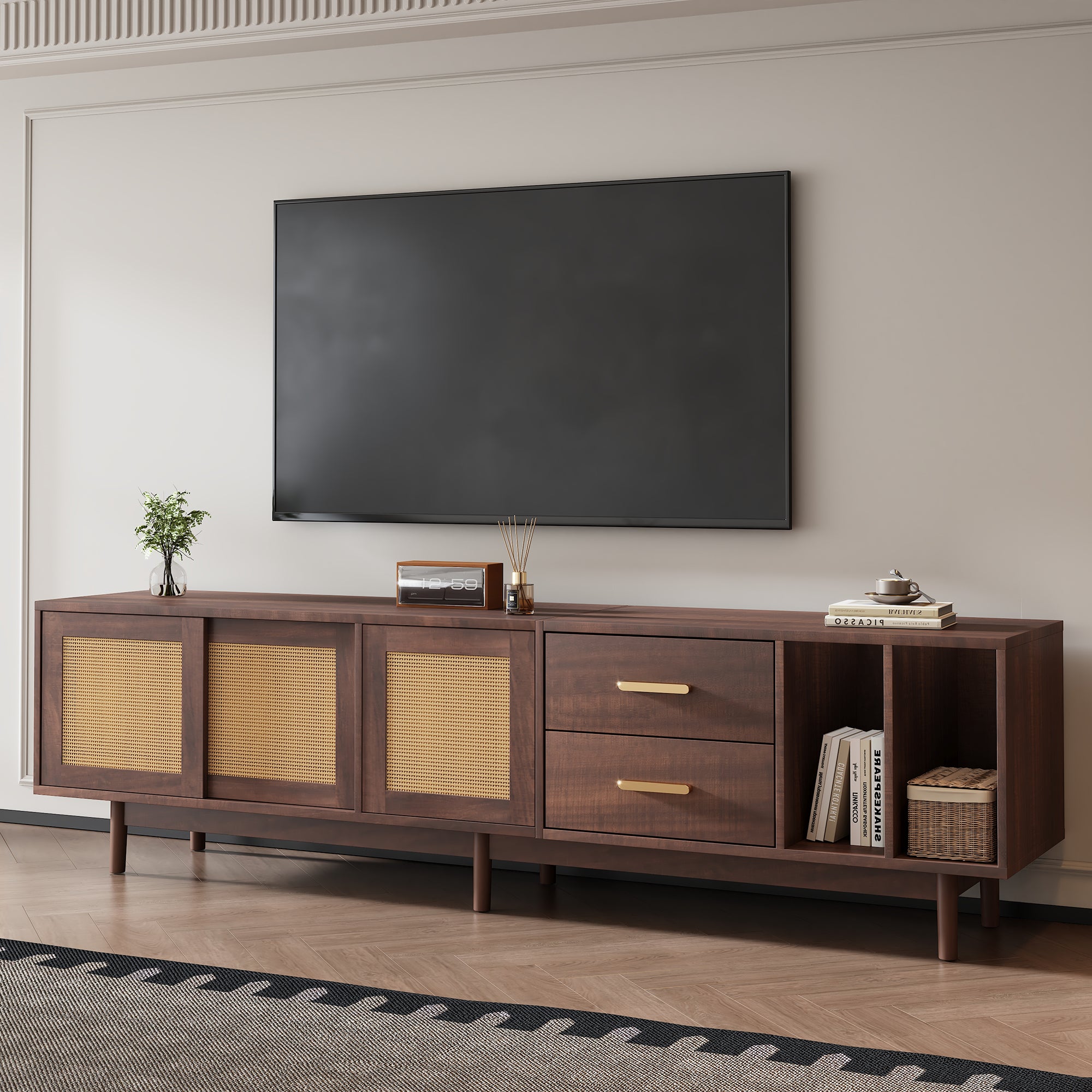TV Stand Cabient With 2 Drawers, Sliding Doors With Rattan Design, TV Cabinet Sideboard, TV Entertainment Center For Livingroom Bedroom, TV Console, 190x40x52cm, Dark Wood, For Up To 80 Inch TV - Noventis Home